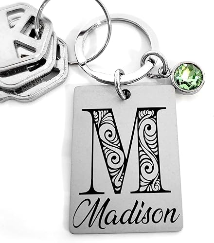Custom Initial Keychain with Birthstone – Personalized Stainless Steel Name Keychain, Engraved Monogram Gift for Men or Women, Graduation, Birthday,
