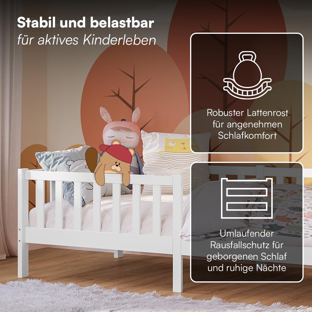 Bellabino Vere Kinderbett 90x200 cm – Montessori Bett mit Rausfallschutz & Lattenrost – Massives Kinder Bett für Jungen & Mädchen aus Holz Kiefer – Kleinkindbett in Weiß