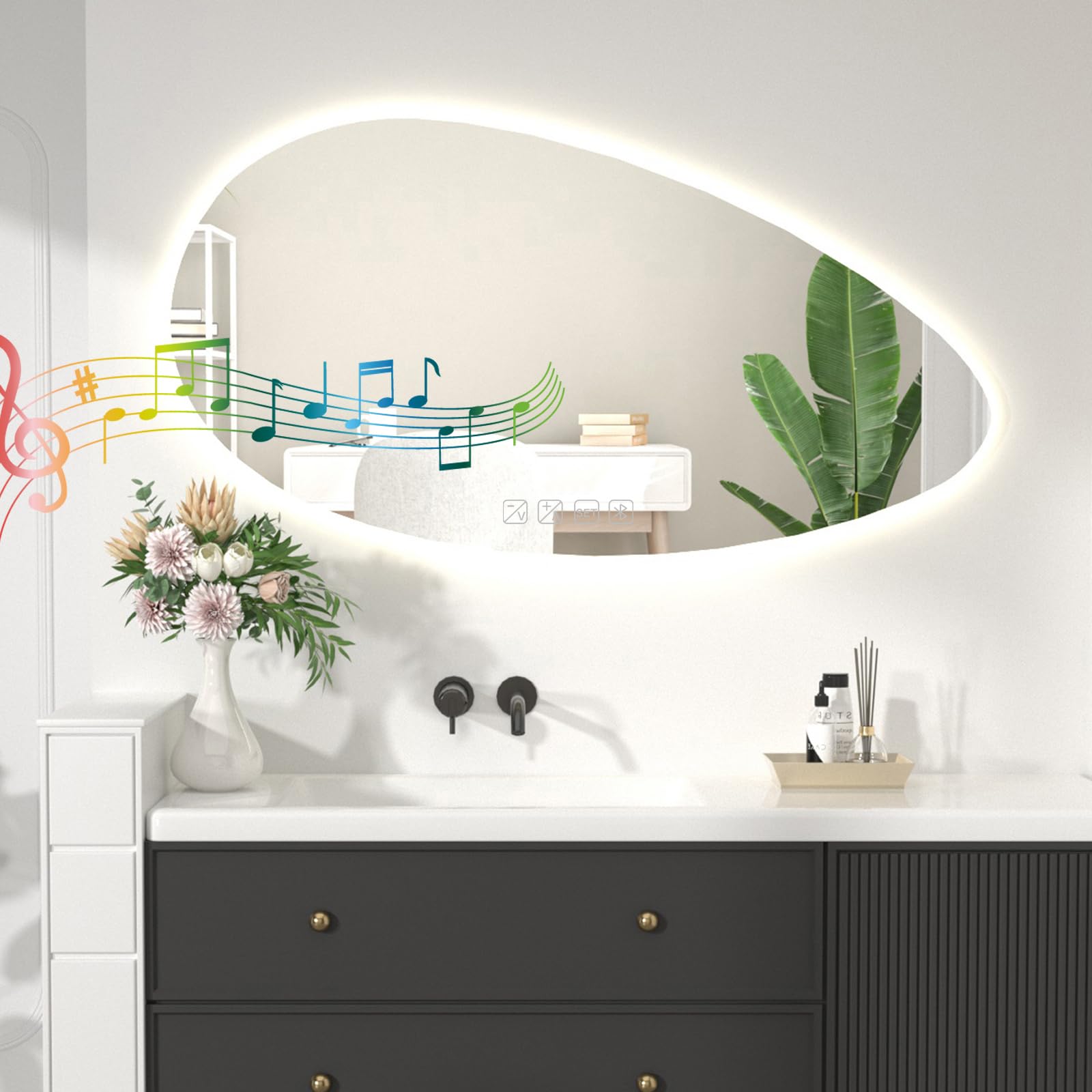 LED Bathroom Mirror with Lights,Wall-Mounted with Bluetooth Speaker,Anti-Fog, 3 Color Temperature, Dimmable Brightness,IP65 Waterproof Three-Color Light + defog + Bluetooth 50x80cm
