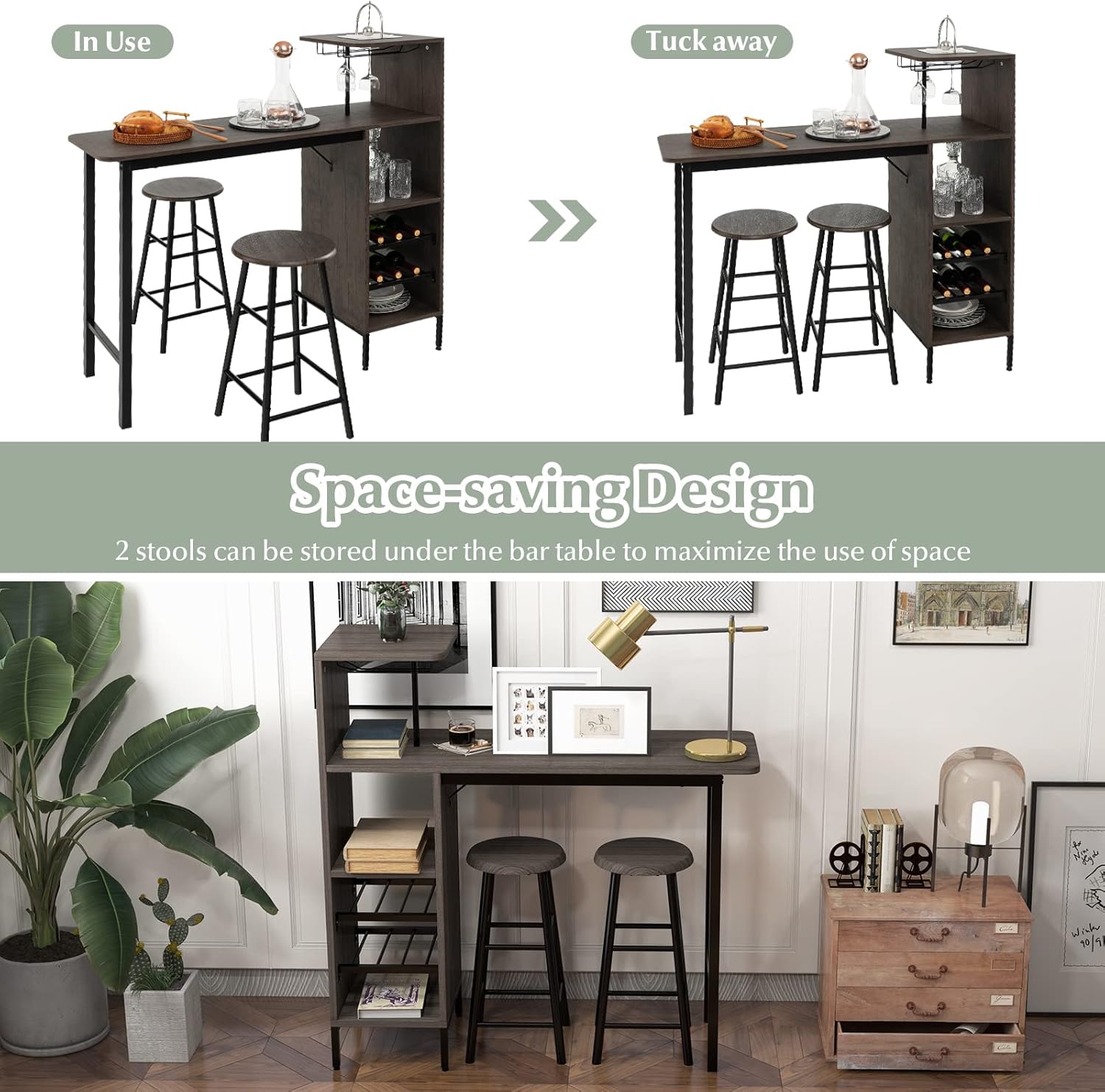Giantex 3 Pieces Bar Table and Stools Set, Bistro Table Set with Glass Holder, 2 Tier Wine Rack & Storage Shelves, Kitchen Counter Table with 2 Stools for Home, Dining Room, Restaurant, Pub (Brown)