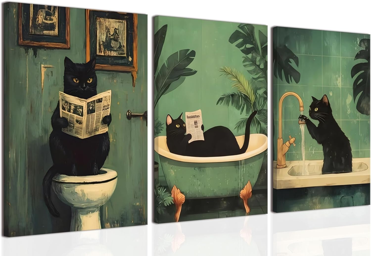 3 Pcs Funny Bathroom Black Cat Wall Art Cute Animal Canvas Posters Wall Decor Maximalist Pet Cat Prints Picture Aesthetics Whimsical Quirky Room Decor Pictures 12x16 Inch Framed