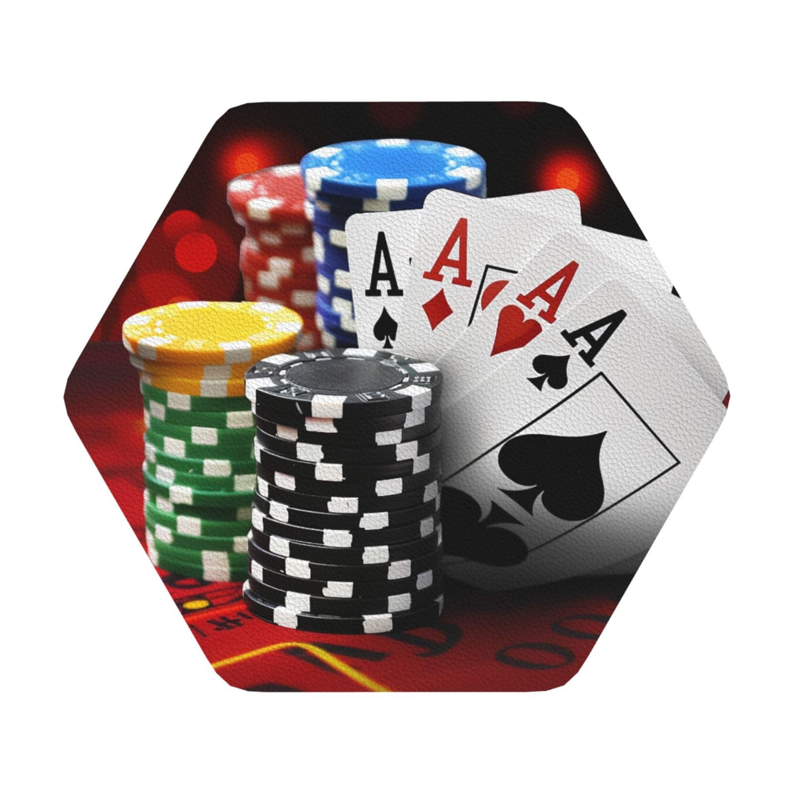 Poker Tournament Print Leather Coaster Set of 6, Hexagon Coasters Table Decorative Coffee Cup Beverage Coasters Wine Beer Bar Coasters for Hot Drinks Table Protection
