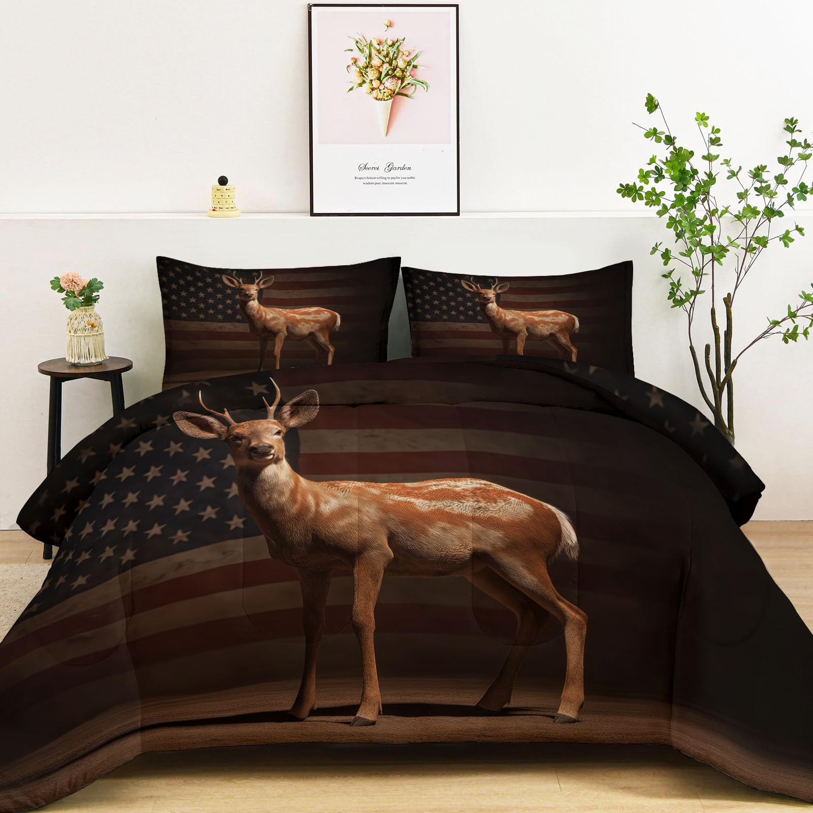 Générique Kołdra bez poszewek 200 x 200 cm 4 pory roku brązowa kołdra z nadrukiem w stylu vintage zwierzęta jeleń w paski na łóżko dla 2 osób - dwustronny koc do pikowania bez poszewek z 2 poszewkami