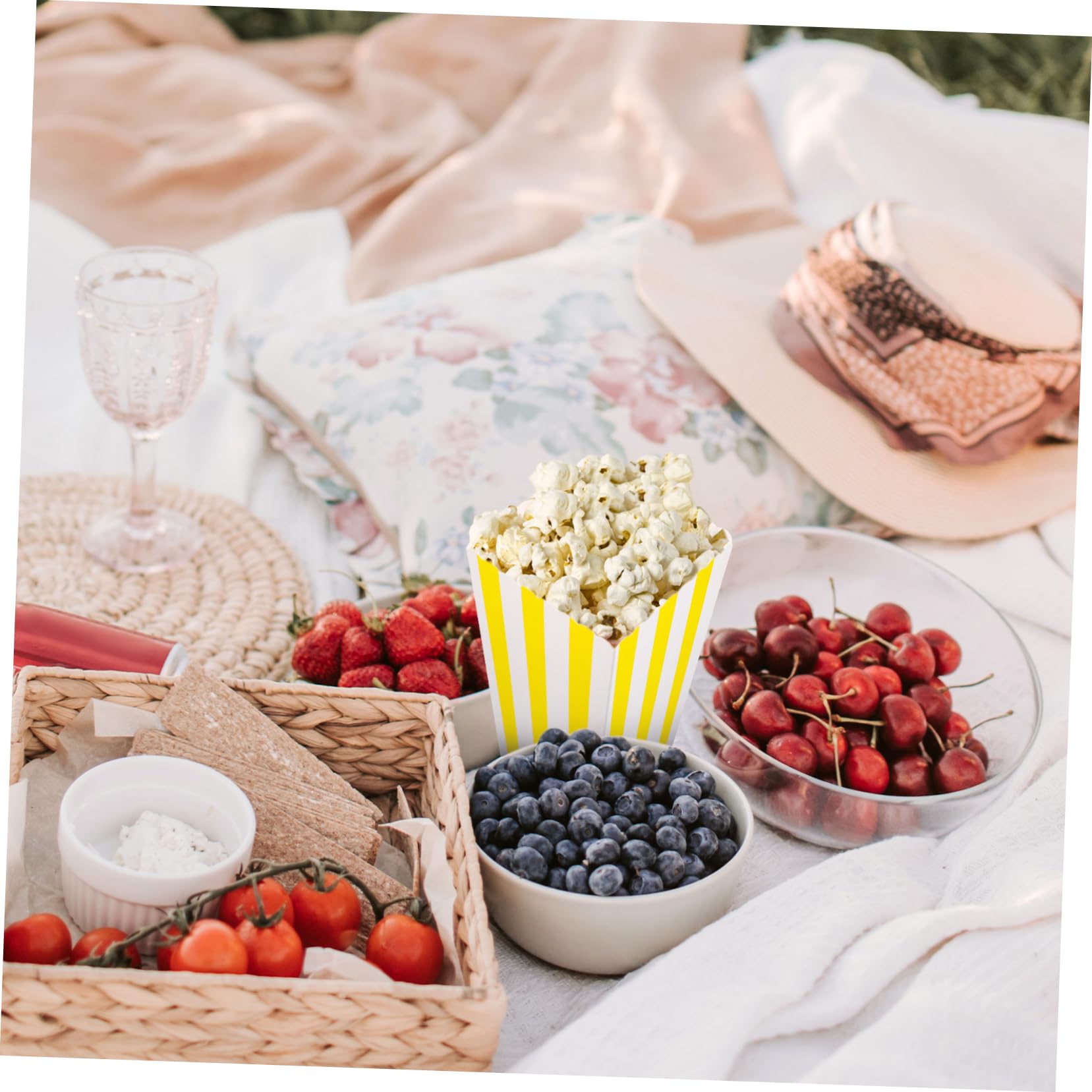 BEBEMOKO 48Pcs Paper Popcorn Boxes Assorted Prints Dots Twisted for Parties Events and Snack Serving