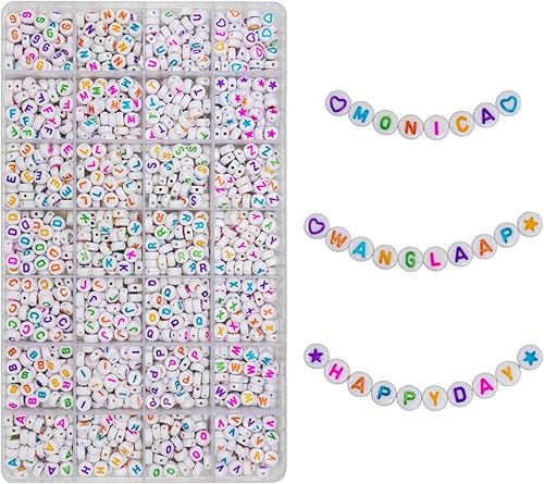 WangLaap 1450 piezas de cuentas redondas acrílicas de 0.157 x 0.276in, kits de letras del alfabeto, cuentas A-Z (extra para letras de vocal),