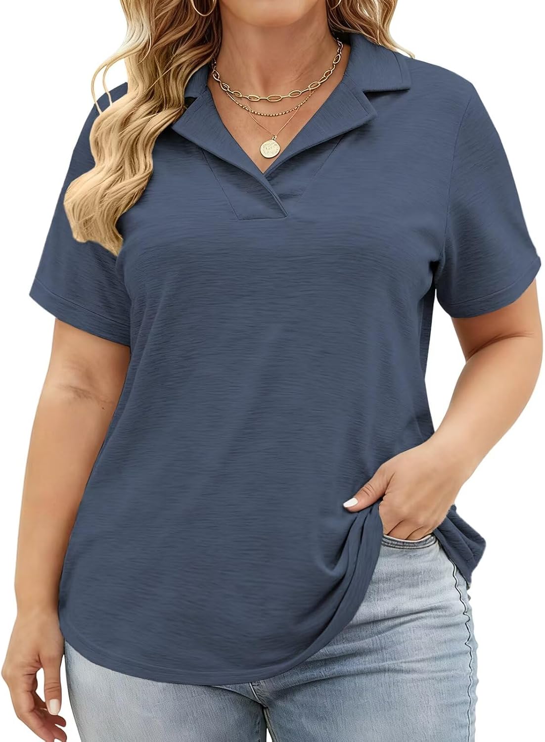 DOLNINE Plus Size Polo Shirts for Women V Neck Collared Shirt Casual Short Sleeve Tops Summer Loose Fit Dressy Tunic Blouses