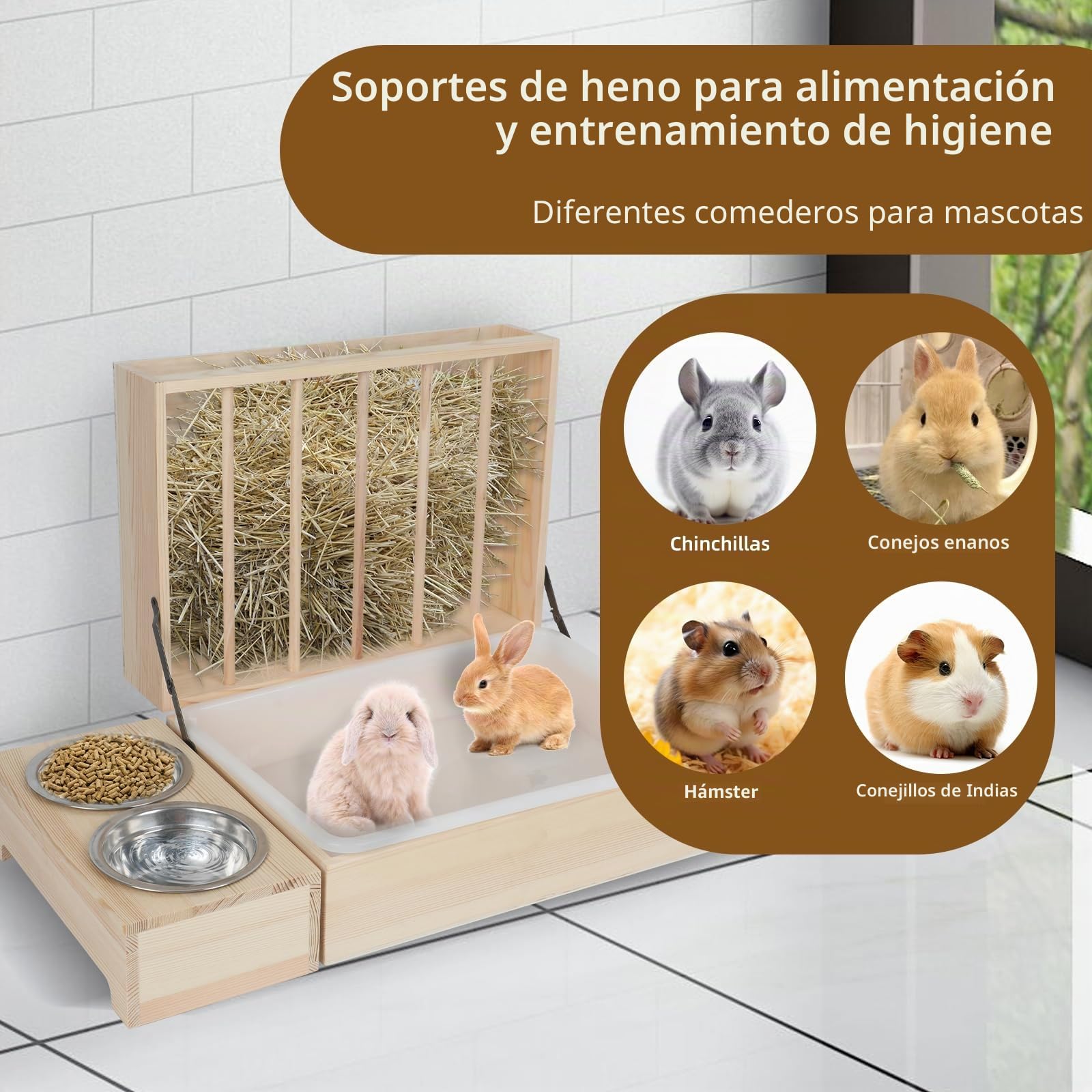 Dispensador de comida para heno de conejo, comedero de heno con caja de plástico para gatos, inodoro, cuencos y botella de agua, comedero de heno, conejo de madera para cobayas, hámsteres, animales
