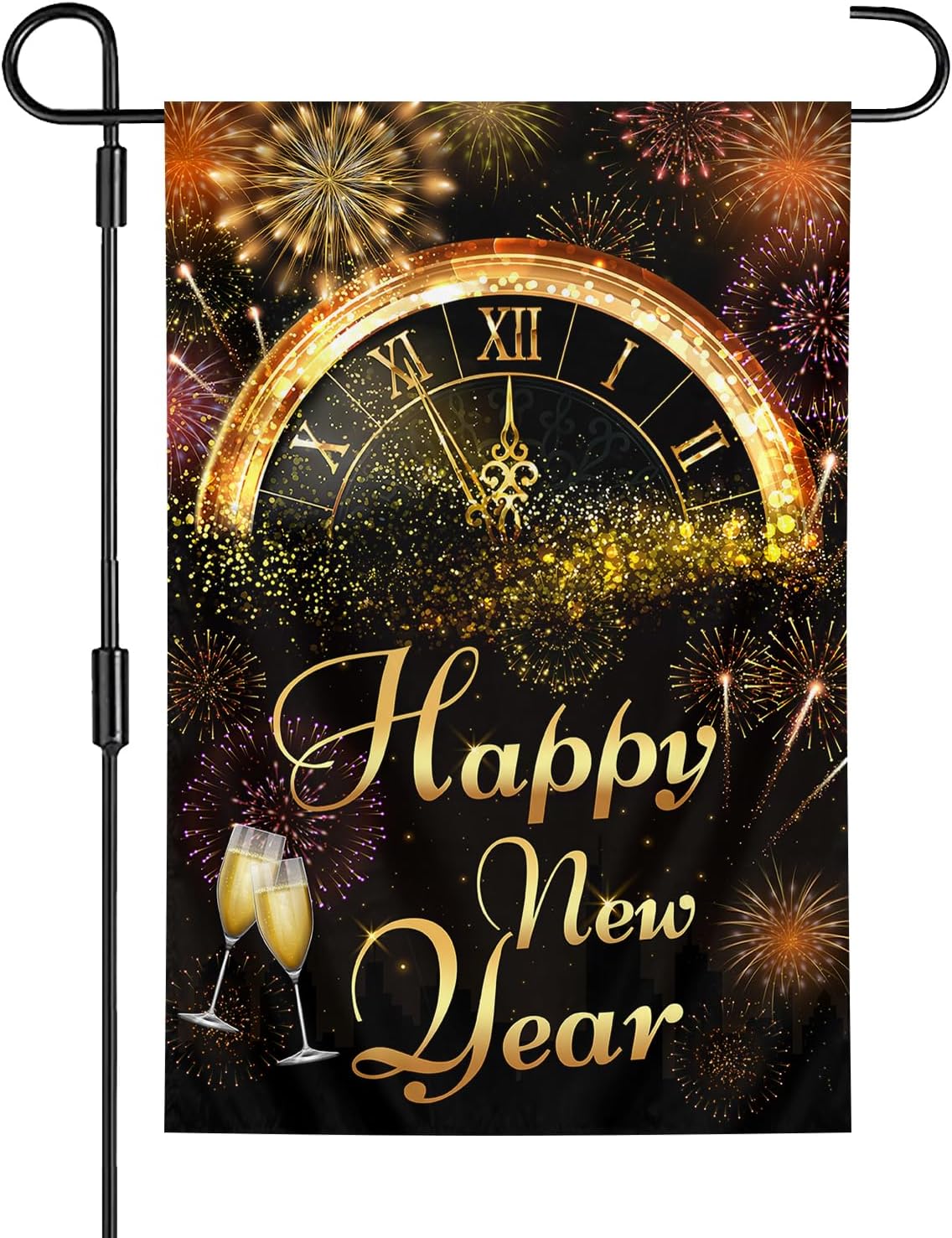 Happy New Year Garden Flag, 12x18 Inch Double-Sided Holiday Outside Yard Flags Flag, Black Background Fireworks Clock Pattern Courtyard Decoration 