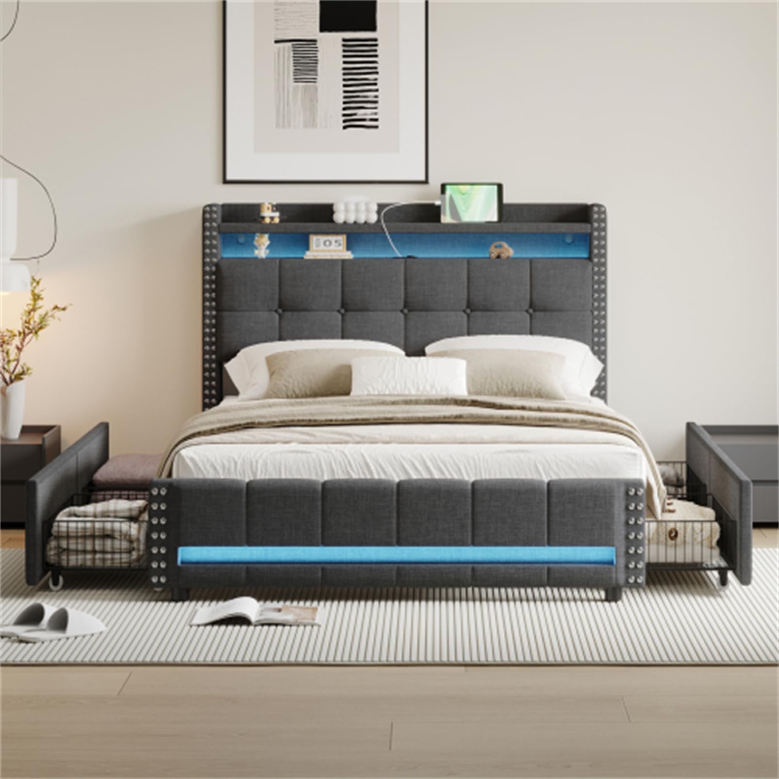 Letto imbottito con illuminazione a LED e presa USB letto matrimoniale testiera con ripiani e contenitore letto tessuto di lino per adulti familiare letti per ospiti grigio con cassetto 140x200