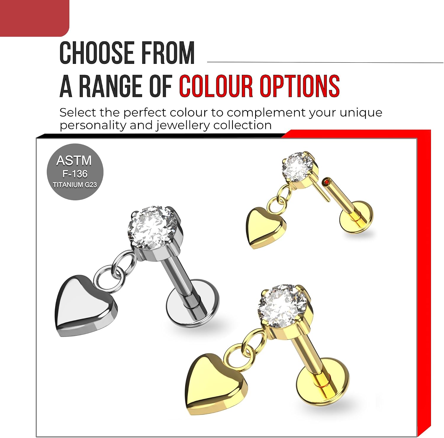 G23 Grade Titanium Round Cz Stone with Dangling Heart Design Push Fit Top 16 Gauge , 18 Gauge - 6mm , 7mm , 8mm , 9mm , 10mm Length Flat Back Lip Labret Stud - Tragus Earring - Cartilage , Helix - Tragus Piercing Jewelry