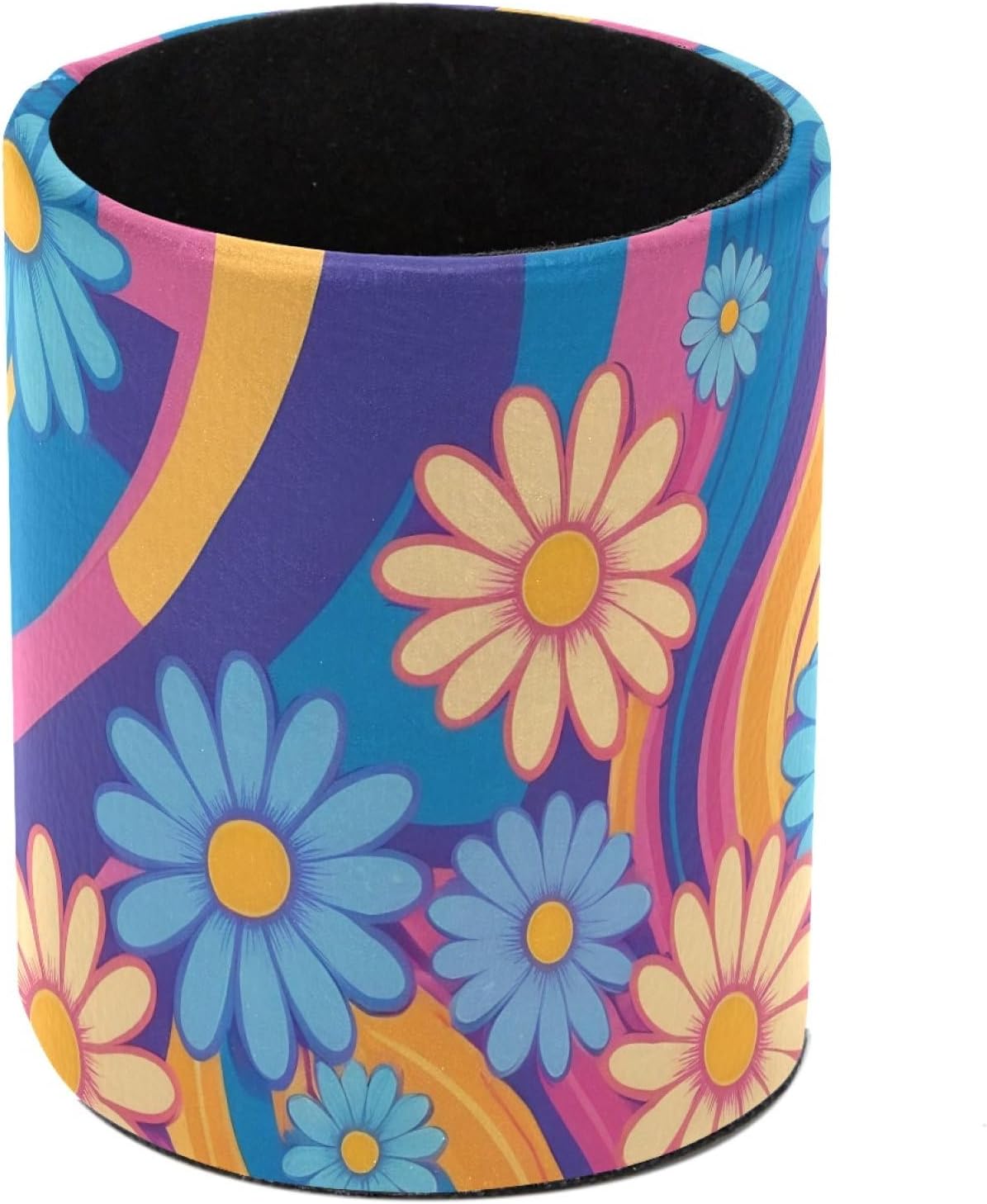 Colorful Rainbows and Daisies Pen Pencil Holder for Desk, Non-Slip Makeup Brush Storage Holder, Decorative Round Stationery Organizer for Office, Home, Classroom