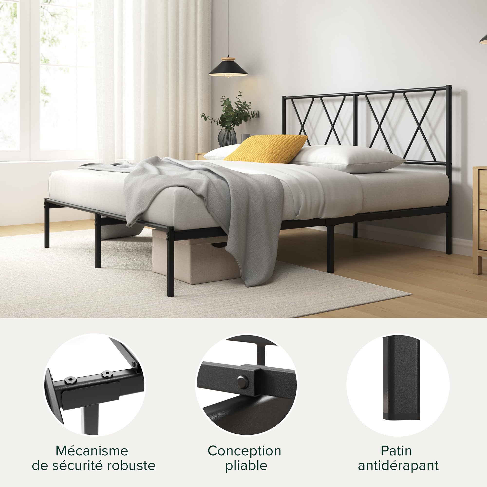 Zinus Elias Sommier 140x190 cm avec Lattes en Métal - Cadre & Tête de Lit 2 Personnes en- Hauteur 30 cm pour Rangement - Montage Facile - Noir