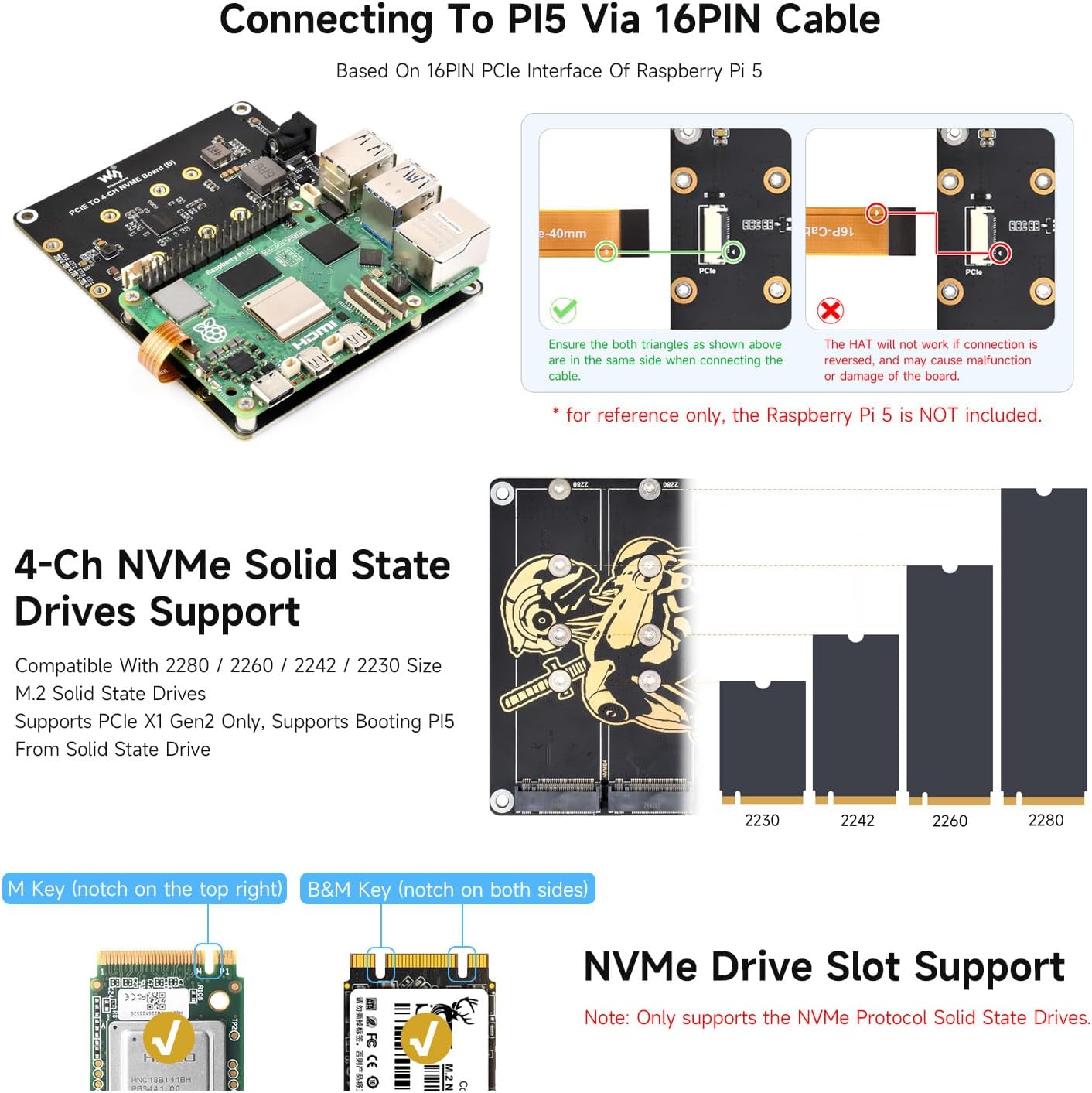 Waveshare PCIe to 4-Ch M.2 Adapter Board, Compatible with Raspberry Pi 5, Supports 4-ch NVMe Solid State Drives, Supports powering The Raspberry Pi 5, Onboard LED Indicators