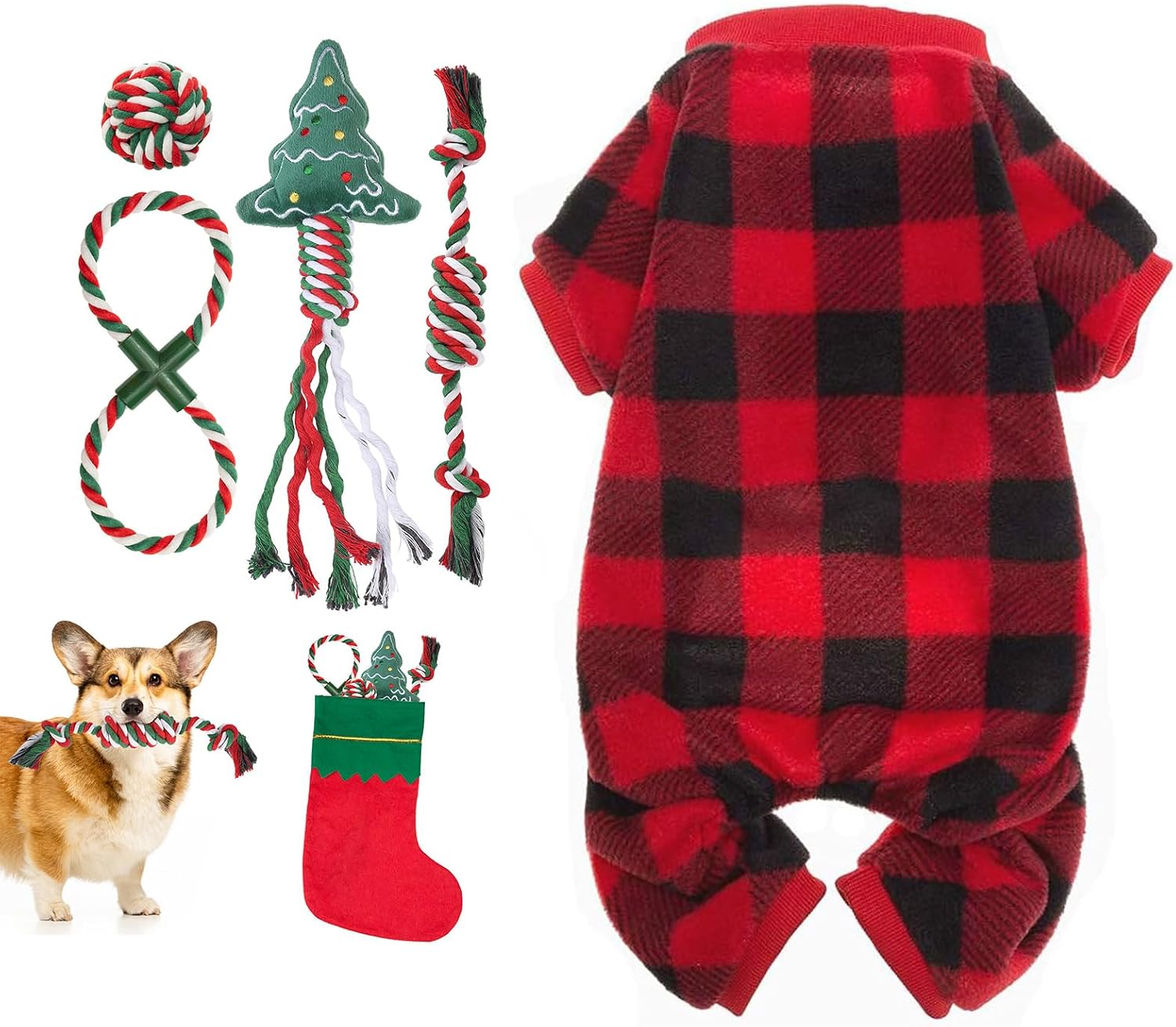 SCENEREAL Dog Pajamas and Christmas Dog Rope Toys Suit for Medium Dogs, Oft Pet Sweater Clothes Warm Puppy Onesie Outfits Jammies Pjs Chew Toys for Teething Cleaning, Xmas Gifts for Boy Girl Dogs