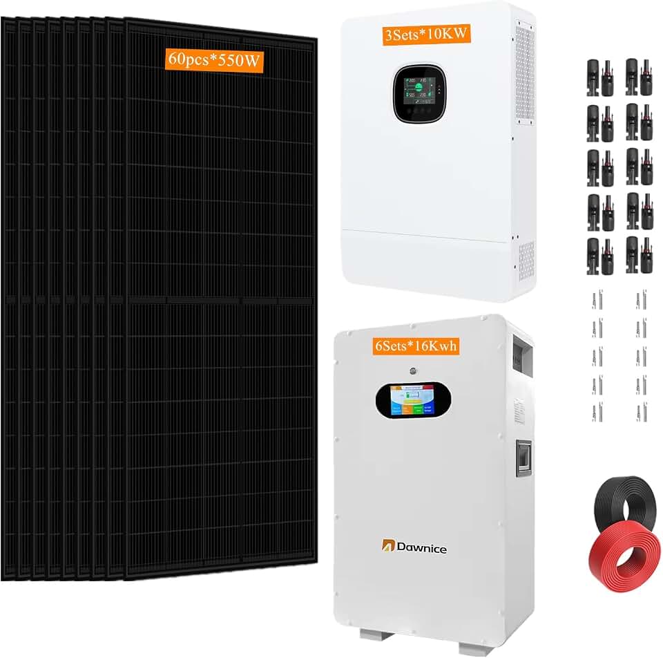 30KW Off Grid Solar System Complete Kit 96KWH Kit Home Solar Power System Complete Kit with 60PCS*550W Solar Panels, 3Sets 48V 10KW Off Grid Inverter, 6Sets 16KWH 51.2V 314Ah LiFeP04 Battery
