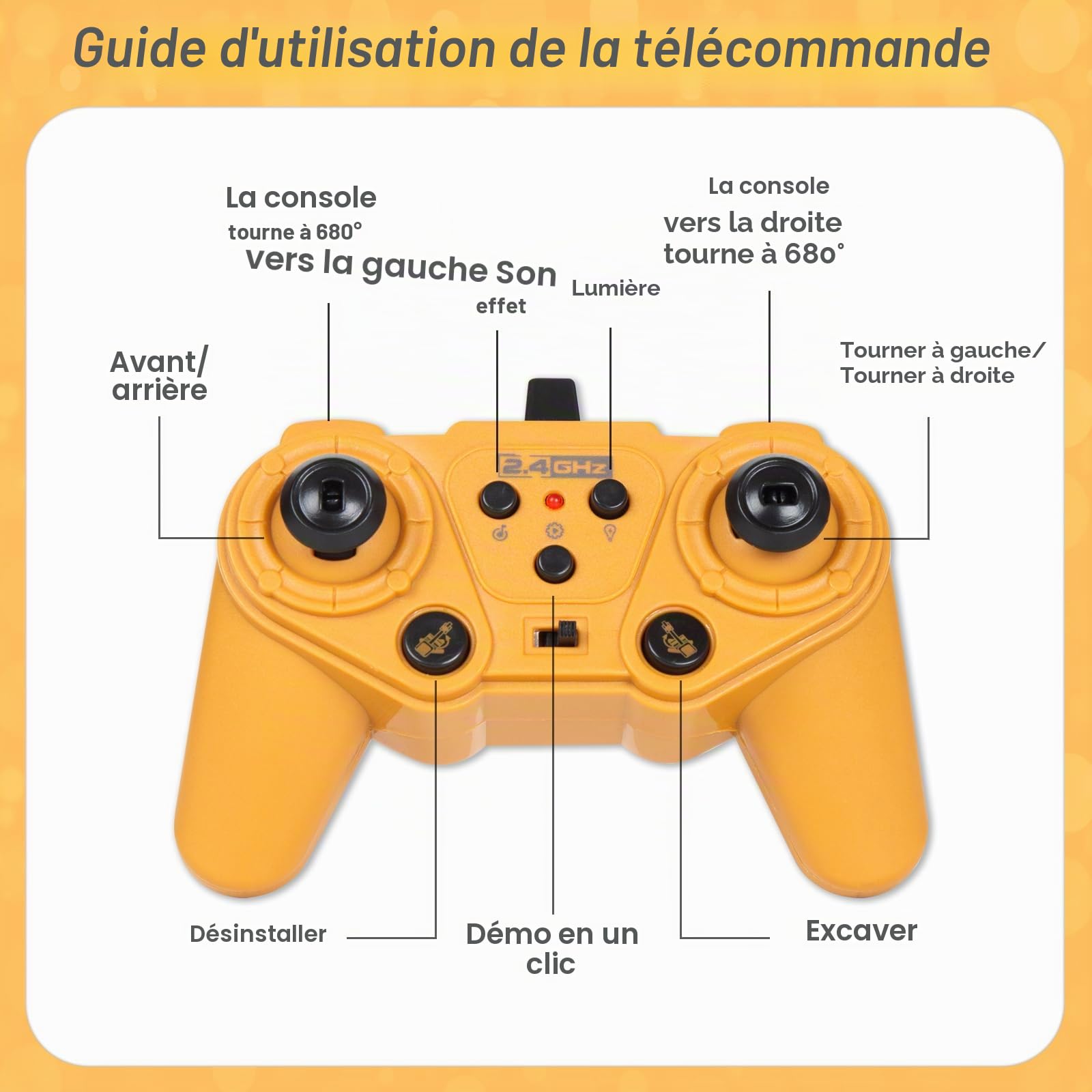 Jouets d'excavatrice télécommandée pour garçons, tracteur pelleteuse RC 2 en 1 avec bulldozer, véhicules de construction 2,4 GHz avec lumière et musique pour garçons de 3, 4, 5, 6, 7, 8 à