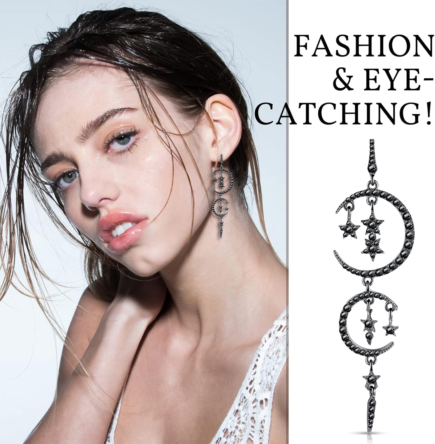 2 Pairs Goth Earrings Moon Drop Earrings Sun Star Earring Rhinestone Punk Earrings Vintage Long Drop Dangle Stud for Women - Image 5