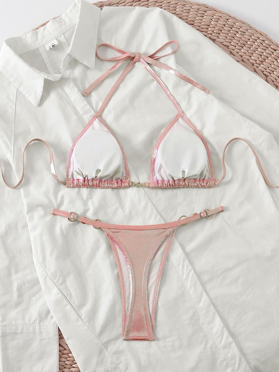 Women's Metallic Triangle Halter Bikini Sets Shiny Tie Back Pearl String Two Piece Swimsuit Bathing Suit Set - Image 4