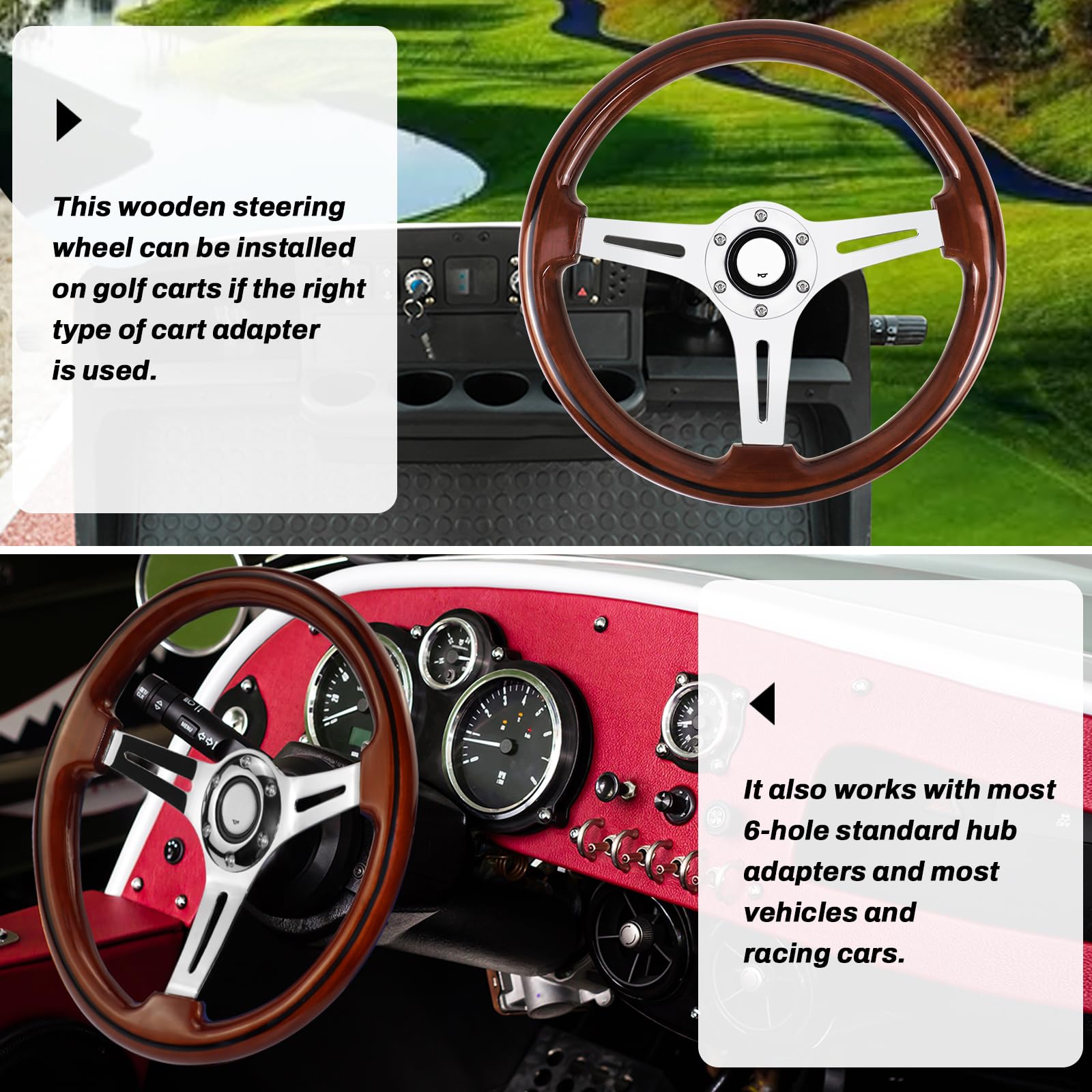 Universal Racing/Golf Cart - Volante de madera, 13,8 pulgadas, 6 pernos, grano de madera, estilo clásico vintage nostálgico con botón de claxon