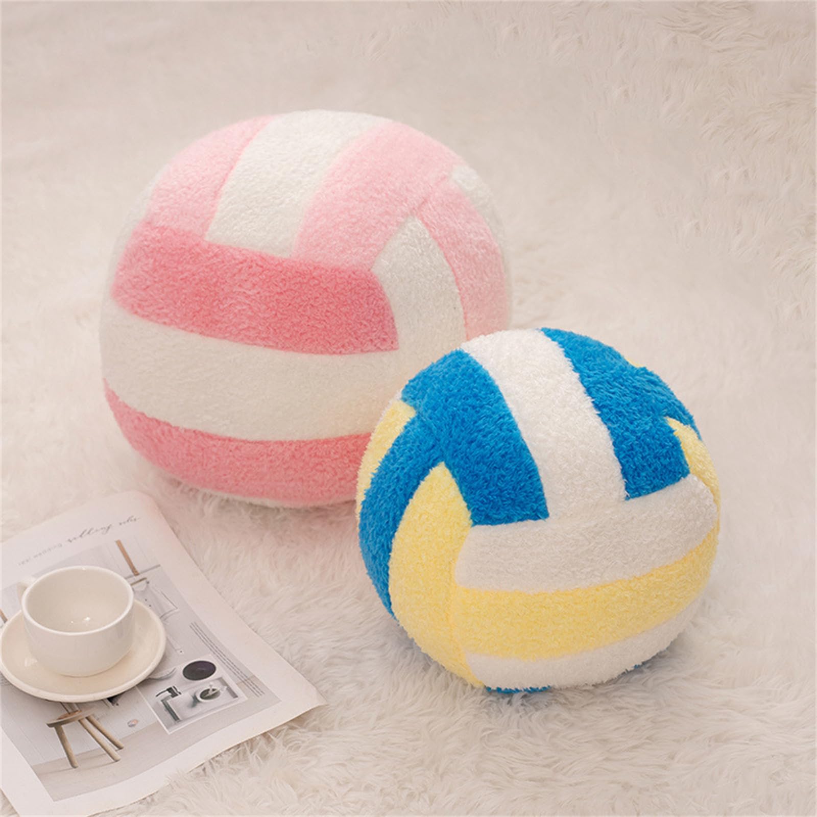 Volleyball-Plüschtier Kissen, 3D Runde Kissen Plüsch Ball Dekokissen, Plüsch Volleyball Spielzeug, Kinder Kuschelkissen, Sport Themenkissen für Kinderzimmer Dekoration (Rot-Grün,20 cm)
