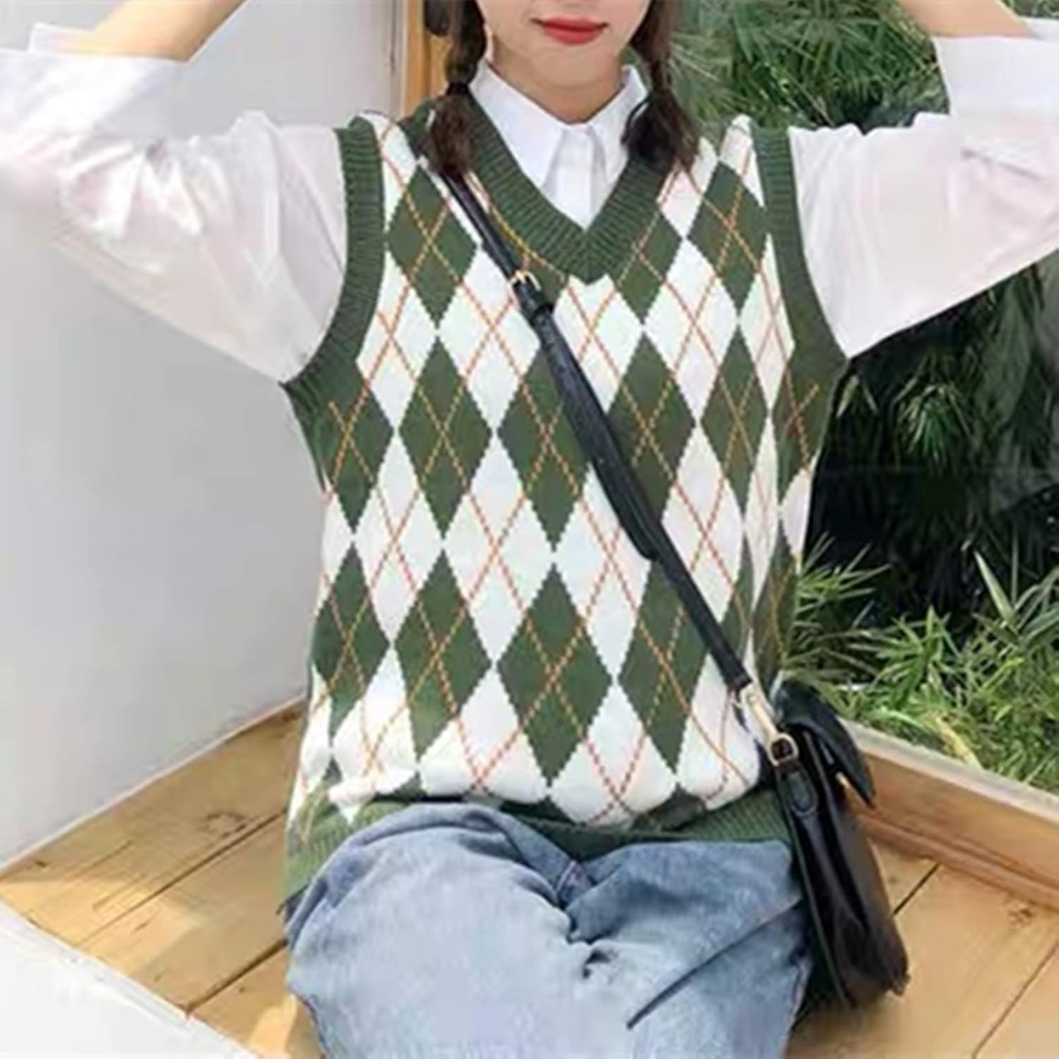 Hyipels Sweater Vest Women,Sleeveless V Neck Argyle Plaid Long Preppy Loose Knitted Casual School Sweaters Tank Top - Image 4