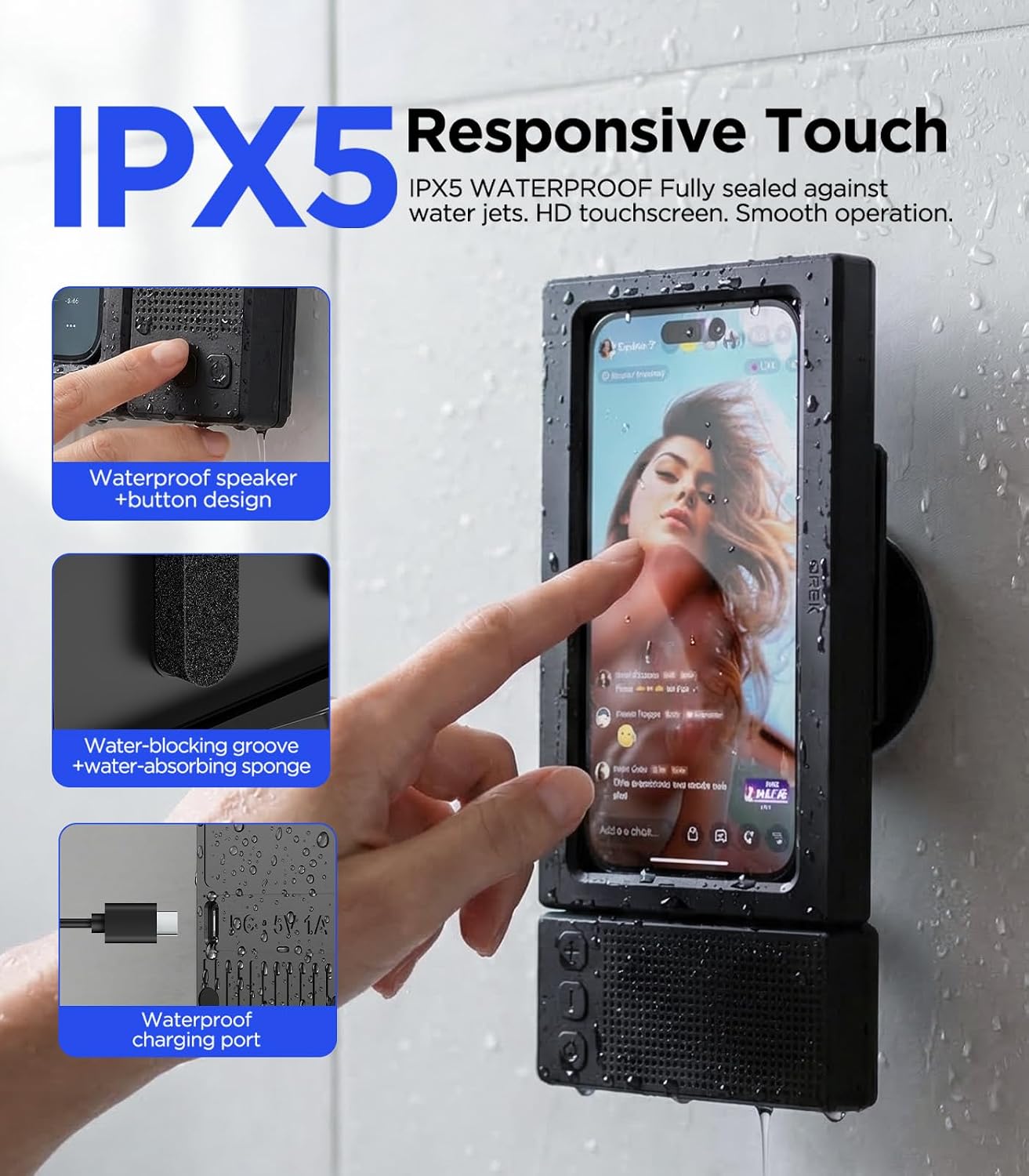 2nd Gen Upgraded Shower Phone Holder with Bluetooth Speaker – 1200mAh Battery 12‑18H Playtime, Dual Speakers Louder Bass, IPX5 Waterproof Phone Case for Shower, Anti‑Fog Touch Screen（Black）