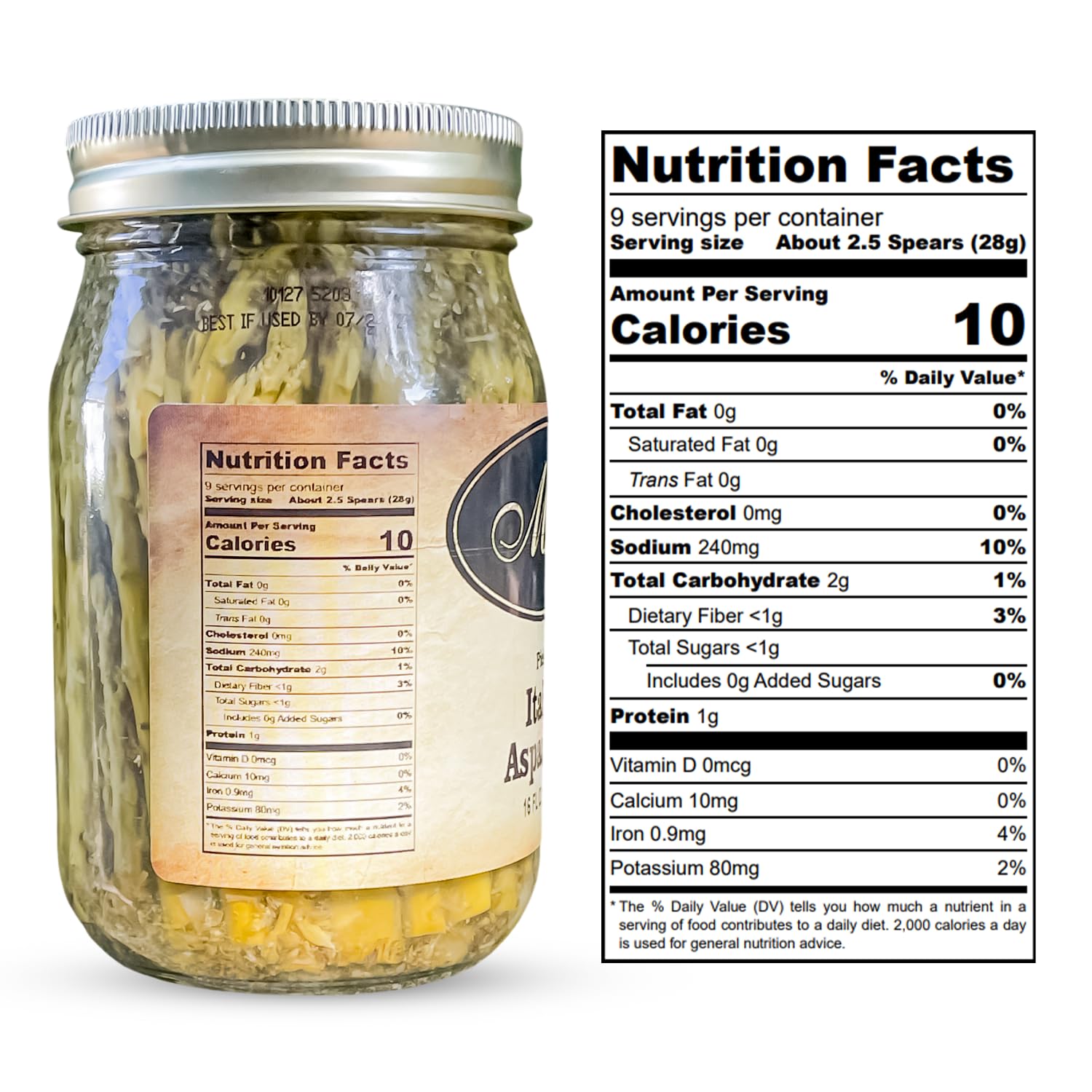 Miras Premium Pickled Italian Asparagus Spears - Crunchy Tangy Gourmet Snack, 16 oz Glass Jar