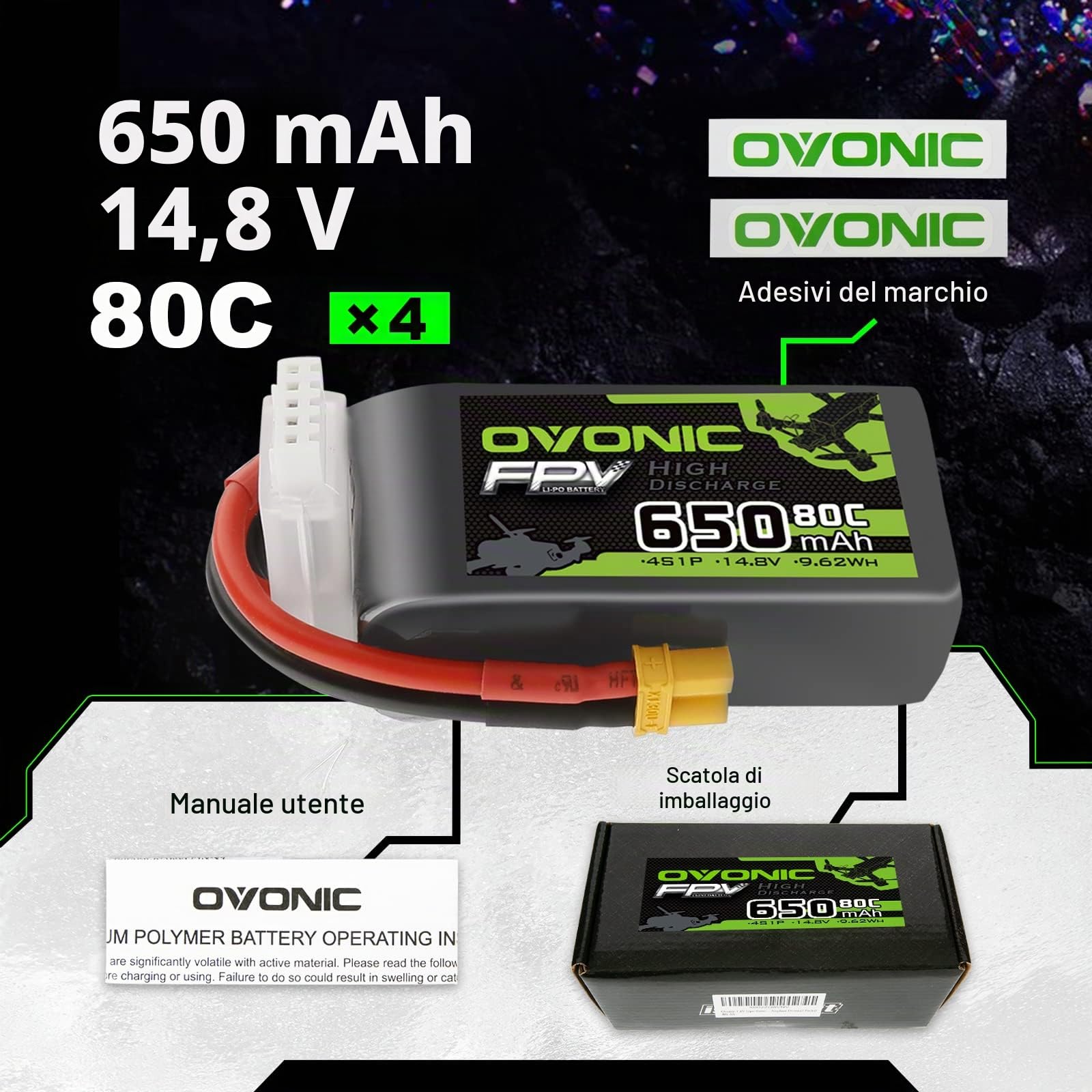 OVONIC Batteria Lipo 4s 80C 650mAh 14.8V con XT30 per RC Aereo Quadcopter Elicottero FPV Racing Drone (4 pezzi)