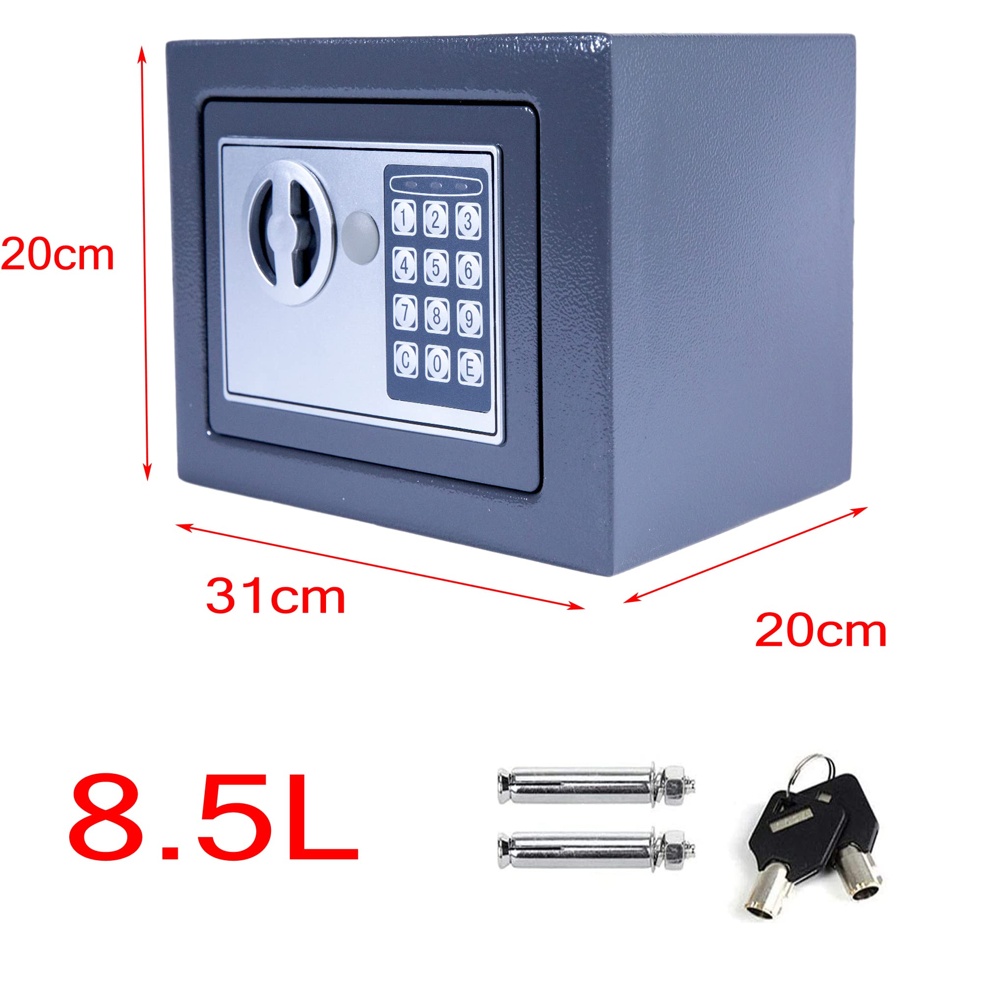 8.5L Mini Safe Tresor MöBeltresor Klein, für Zuhause mit Zahlenschloss und 2 Schlüssel, für Bargeld Medikamente Schmuck, 31 * 20 * 20cm, Grau