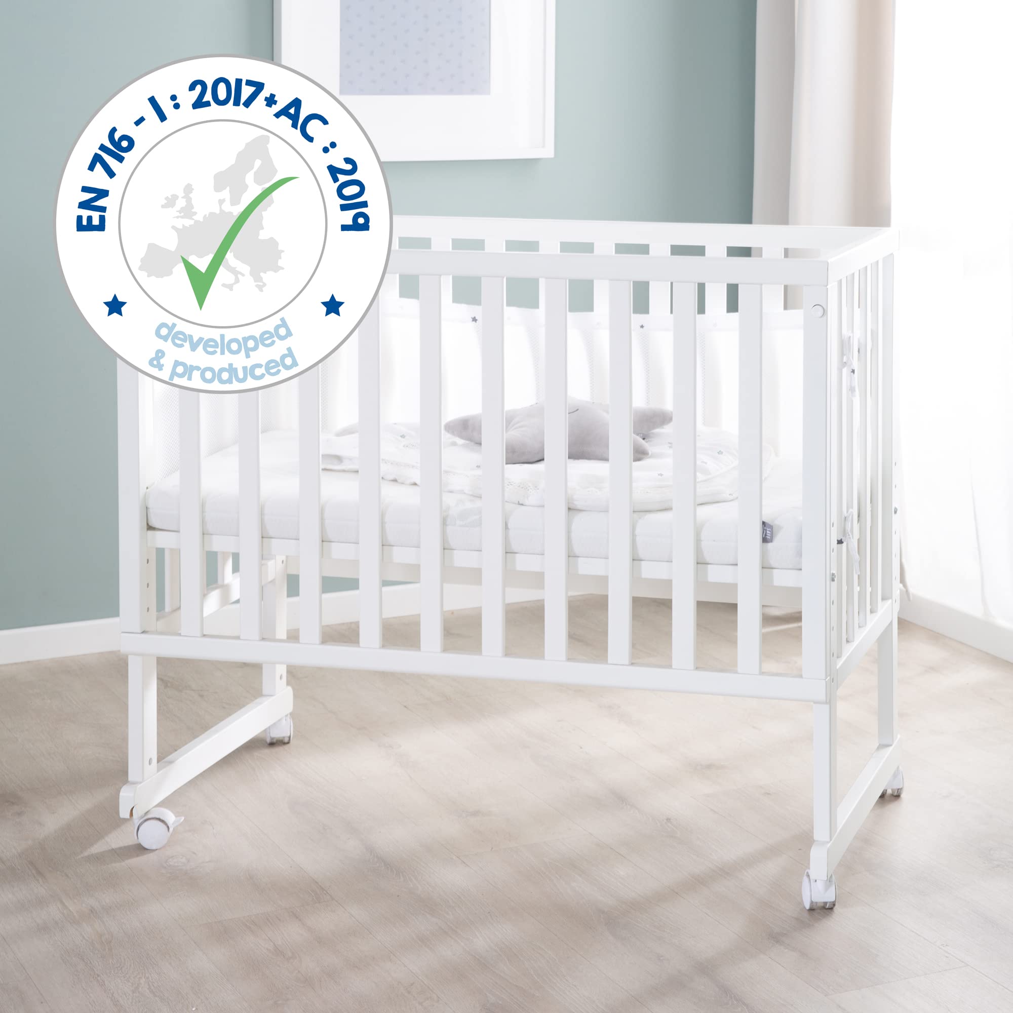 roba Lit Cododo 45 x 90 cm safe asleep® 3 en 1 - Hauteur Réglable - Berceau + Matelas + Barrière en Toile + Bordure en Maille + 4 Roulettes à Freins - Ensemble de Lit Bébé - Bois Blanc