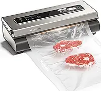 Mesliese Máquina seladora a vácuo, potente sistema compacto de preservação de alimentos 6 em 1 de precisão de 90 Kpa com cortador, 2 rolos de sacos e 5 sacos pré-cortados, faixa de vedação alargada de