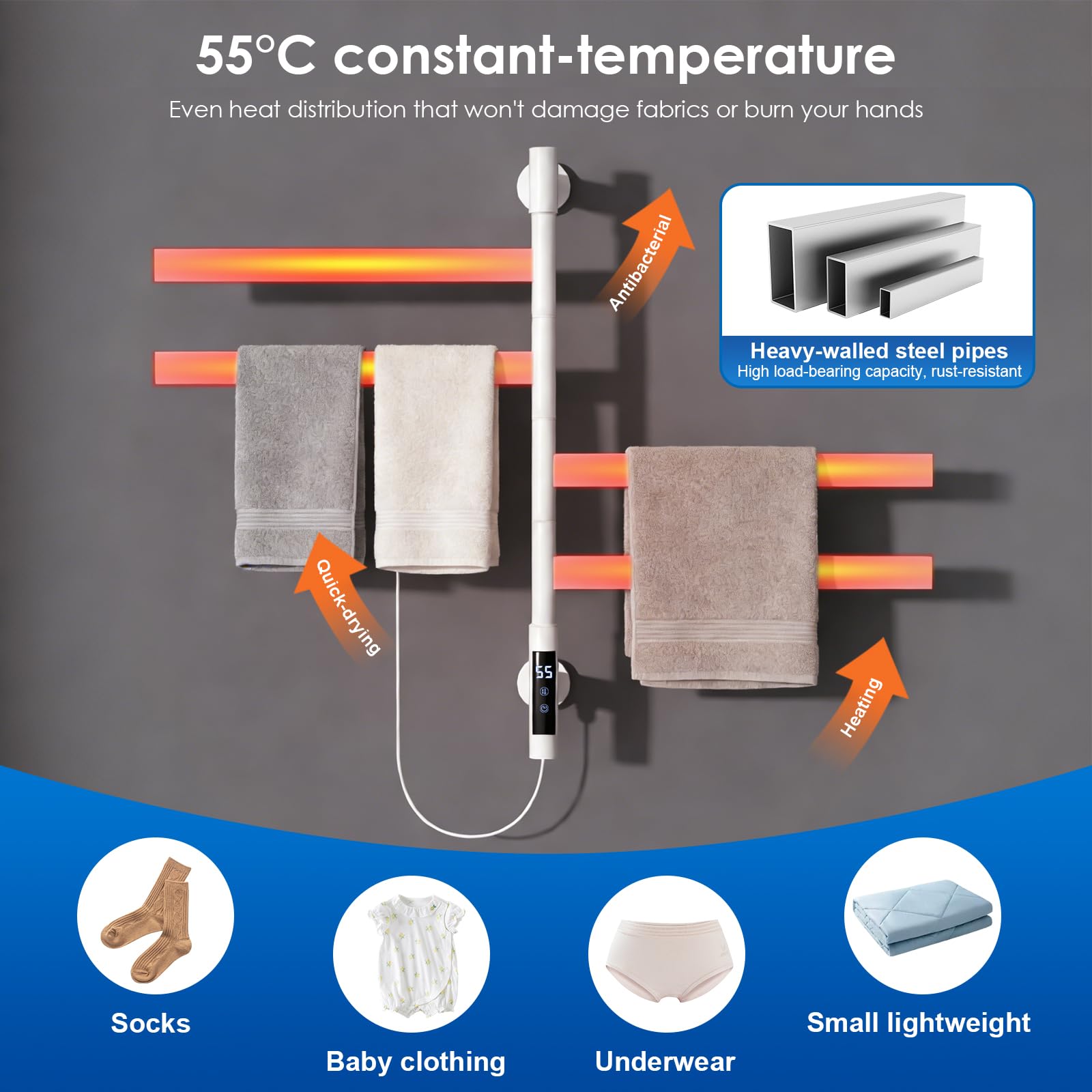 Toallero Eléctrico de Baño, Toallero Giratorio a 180°, Radiador de Toallas Eléctrico 70x48cm, 4 Barras Temperatura Ajustable Bajo Consumo 75W IPX4