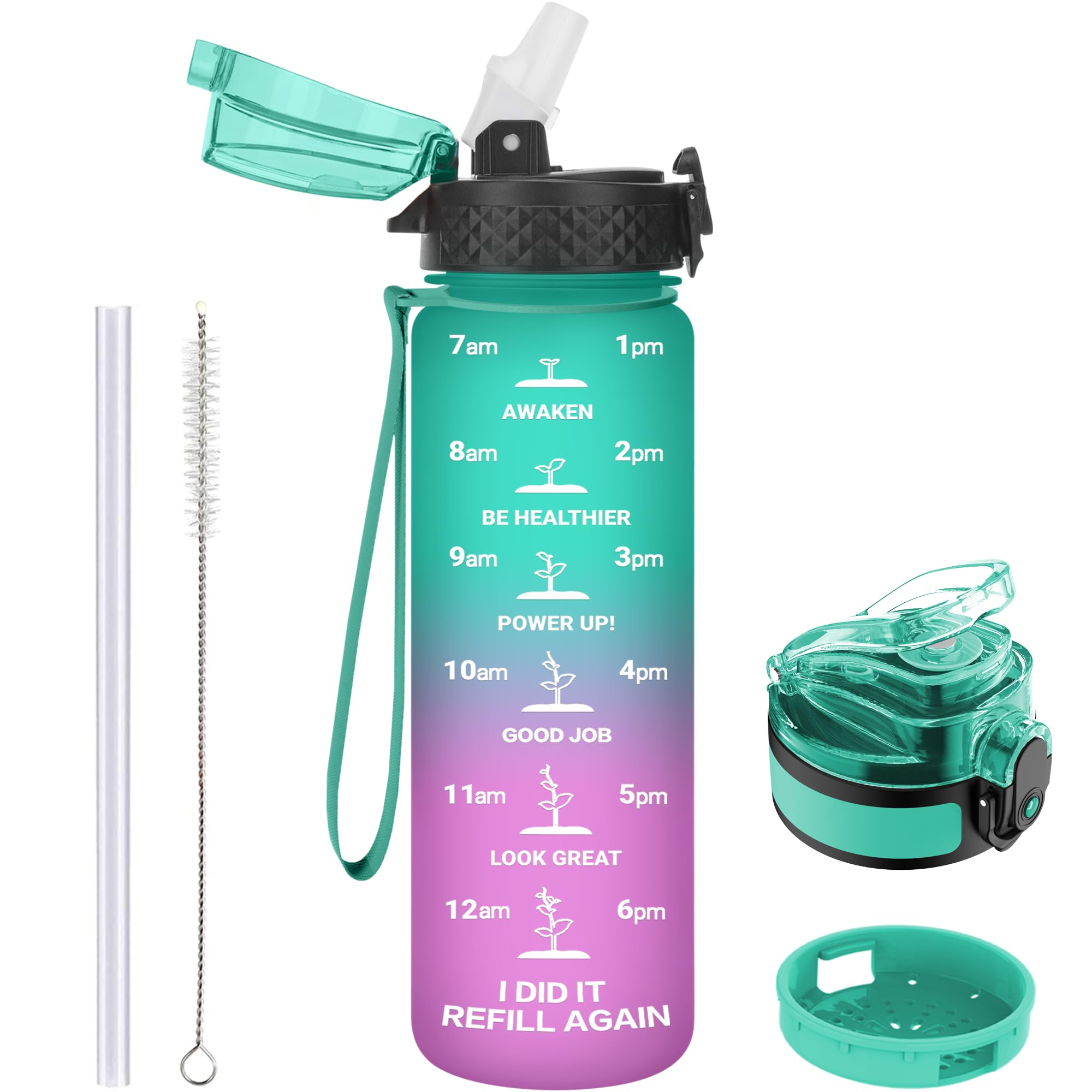 GOPPUS 500ml/17oz Kids Water Bottles with Straw Tritan Childrens Bottle with Flip Top Lid BPA Free Measured Drinks Bottles with Strap for School Girls Boys Sports Reusable Time Markings Leakproof