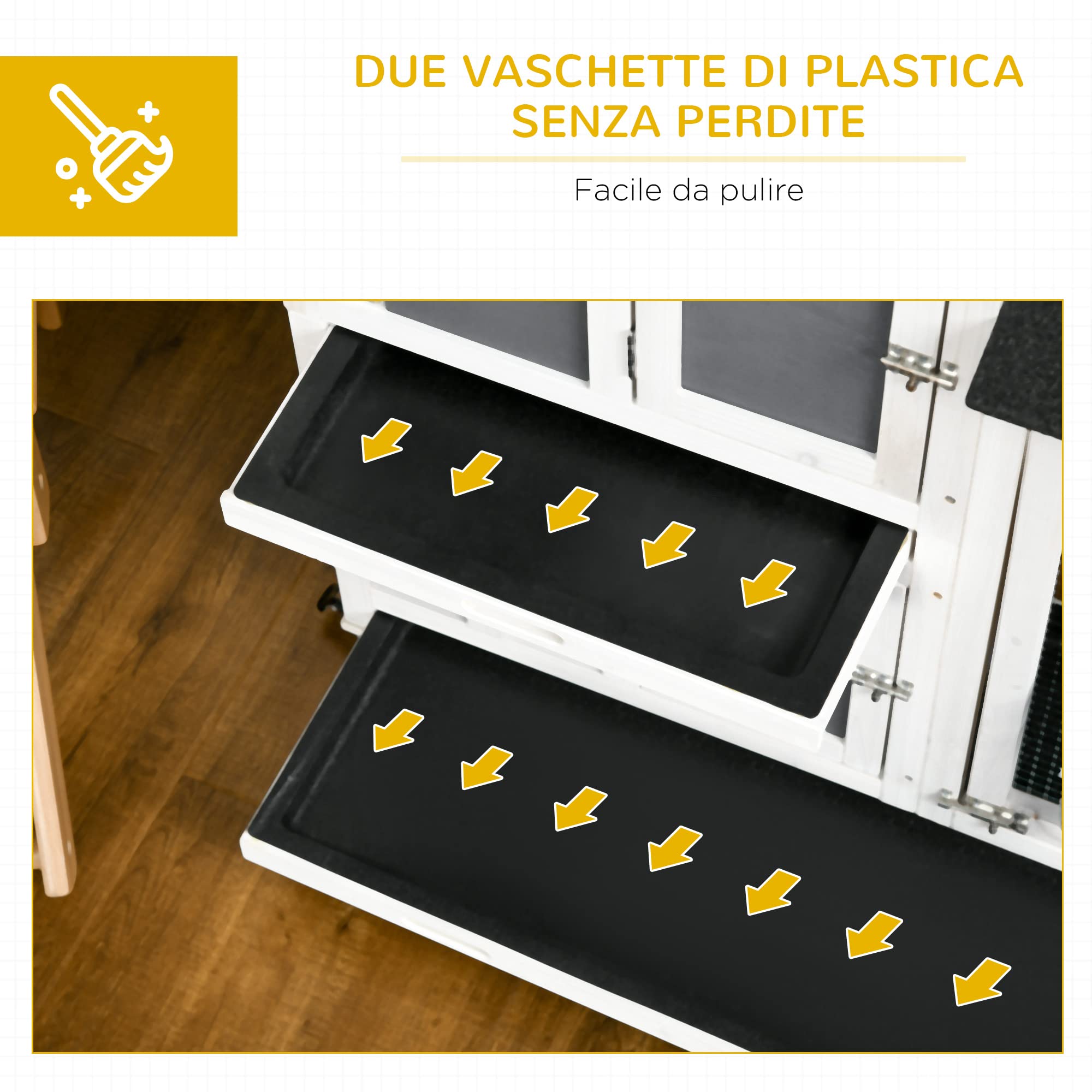PawHut Conigliera da Esterno per 2 Conigli in Legno d'Abete e Tetto in Bitume con Vassoio Estraibile e Area di Corsa Condivisa, 110x60x104 cm, Grigia e Bianca