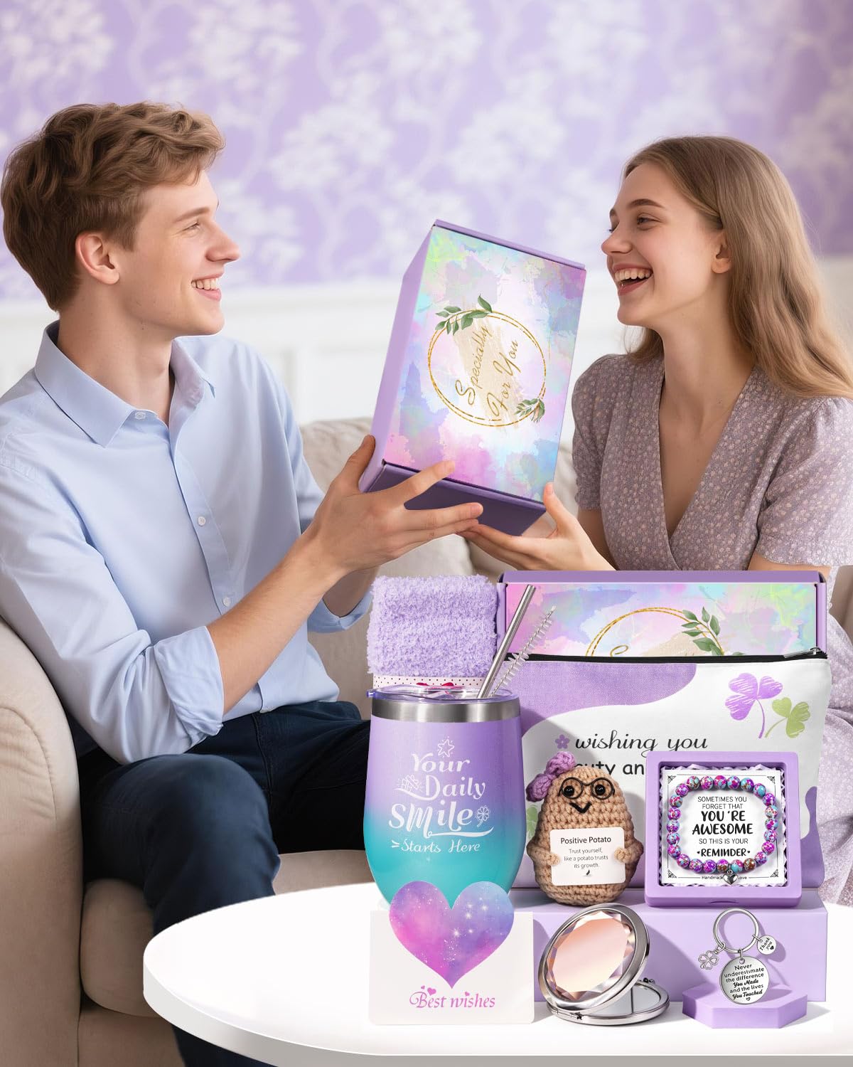 Geburtstagsgeschenke für Frauen, Geschenkbox mit Kosmetiktasche, Schlüsselanhänger, Armband & Spiegel, Geschenkset für Frauen, Ehefrau, Mutter, Schwester, Tochter, Beste Freundin