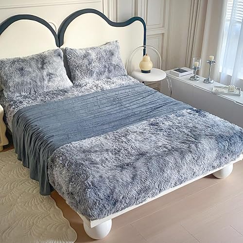 Miniatura 2 de chovy Juego de sábanas de 4 piezas de pelo sintético teñido anudado negro y blanco con bolsillos profundos, juego de sábanas mullidas de franela de