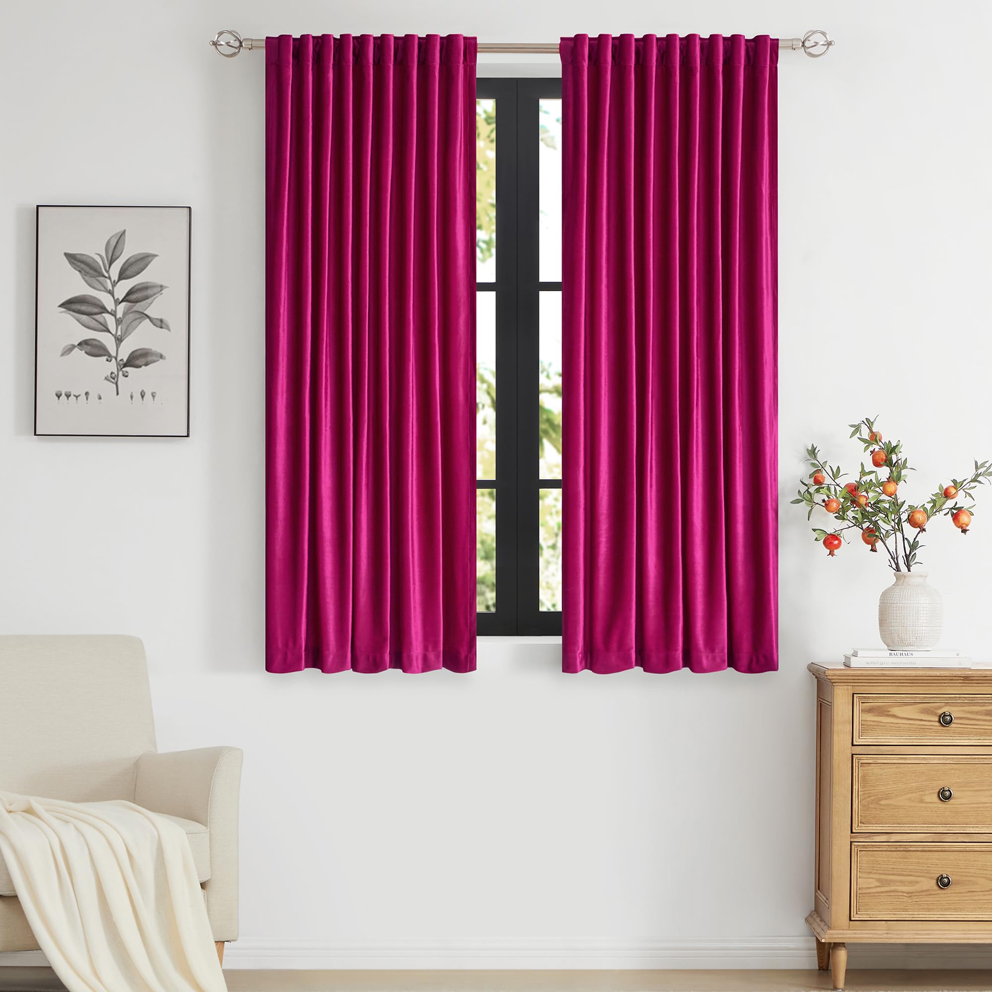 PRIMROSE Hot Pink Velvet Curtains 63 inch Long for Living Room,Set of 2 Panels Blackout Rod Pocket Back Tab Window Treatment Room Darkening Heavy Decorative Curtains Drapes for Bedroom — image 1
