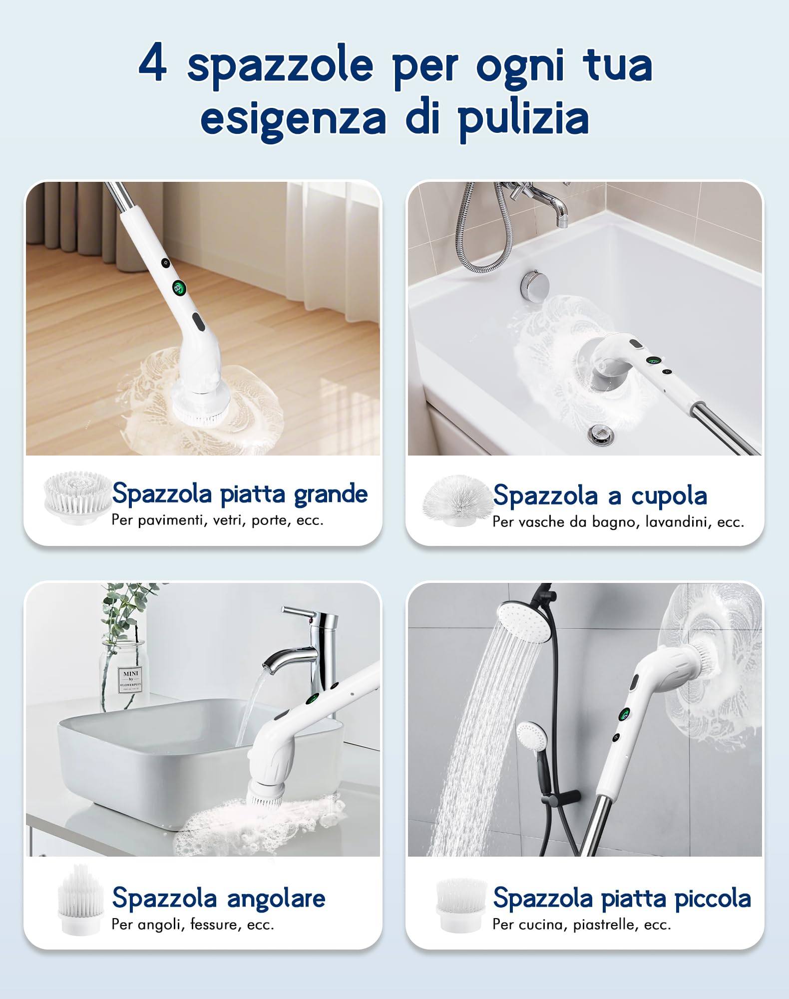 Spazzola Elettrica Rotante, Spazzola Elettrica Rotante con 4 Testine, 350 Giri/min 2 Velocità, Impermeabile IPX7, Display Digitale Batteria, Spazzola Telescopica per Pulizia Casa Bagno Cucina