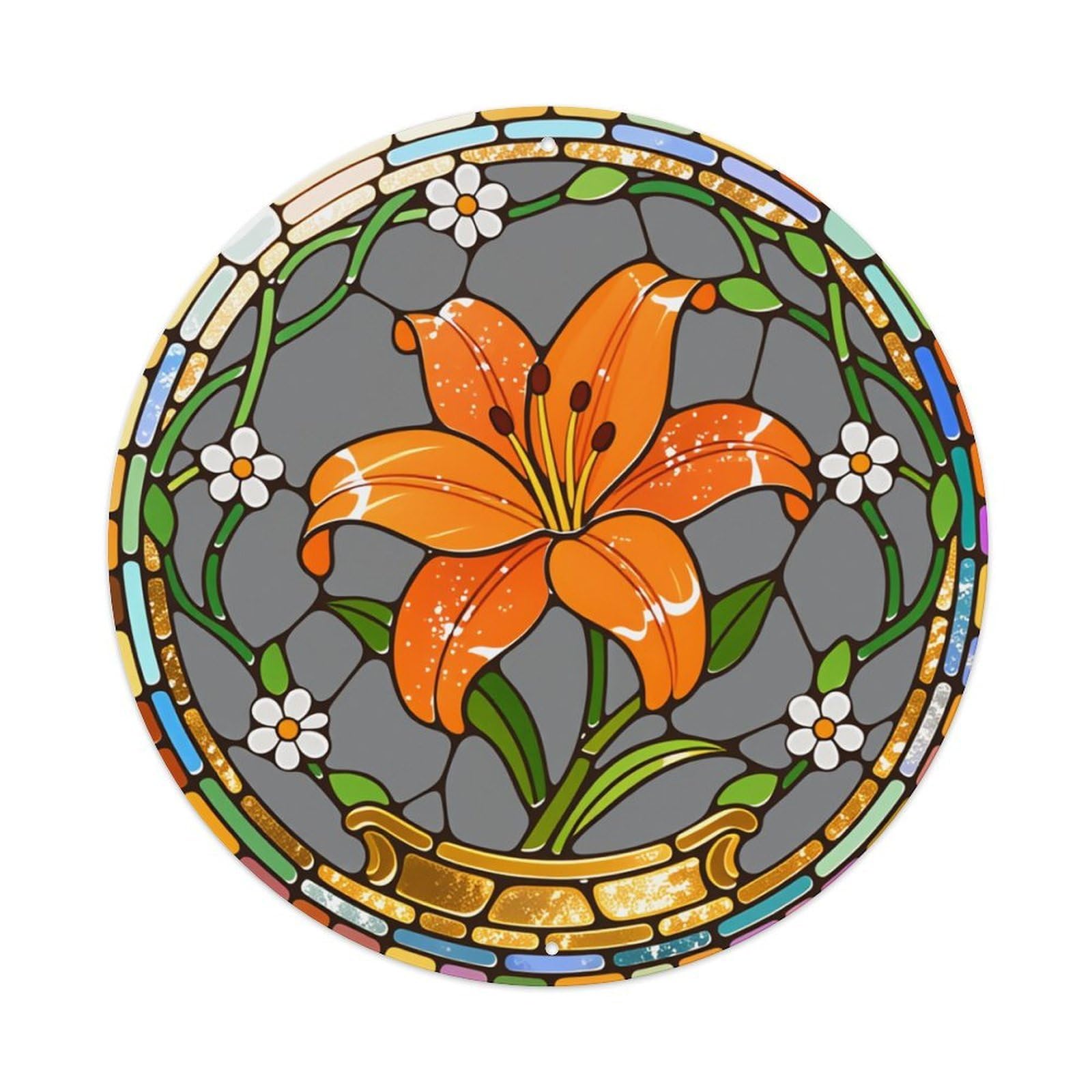 Stained Glass Lily Flower Design Round Tin Sign Vintage Metal Poster Retro Bar, Home, Man Cave, Kitchen, Laundry Room Wall Art Decor Gift 8x8Inch