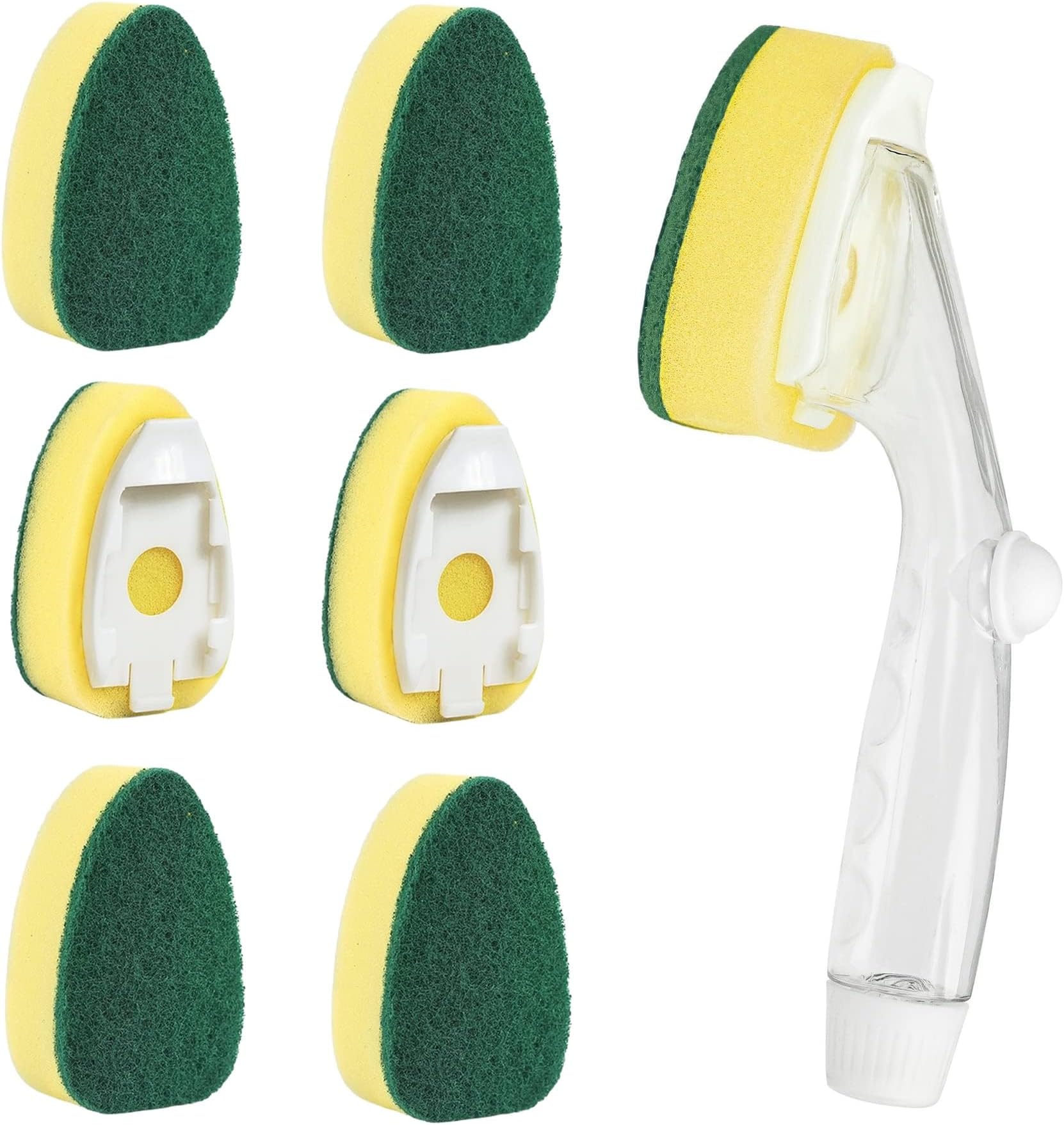 Soap Control Handle Dishwand Refills,6 Sponges Heads Dish Wand Refill Replacement,Heavy Duty Non-Scratch Scrubber Dispensing Scrub Brush,Dishwashing Dispenser Sink Dishwasher Pads Cleaning