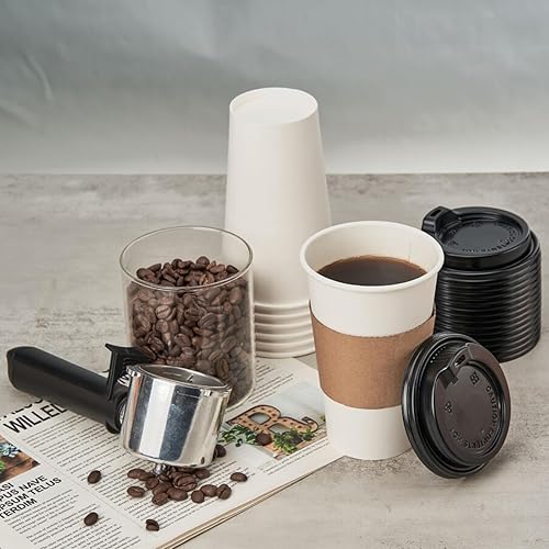Miniatura 3 de RACETOP Paquete de 100 tazas de café de papel desechables con tapas y mangas, 16 onzas, para fiestas, iglesia, viajes y hogar