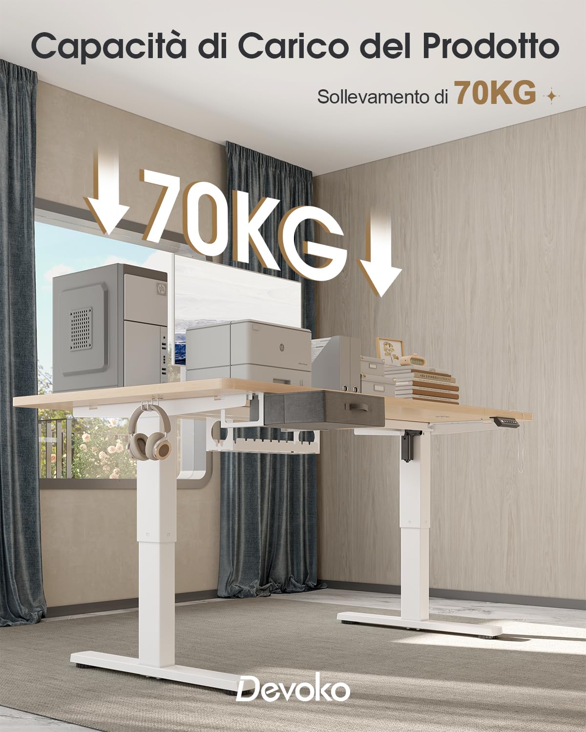 Devoko Scrivania Elettrica Regolabile In Altezza 180 x 80 cm, Ufficio 4 Sezioni Con Funzione Di Memoria, Cassetti, Porte Usb E Sistema Di Gestione Cavi, Beige