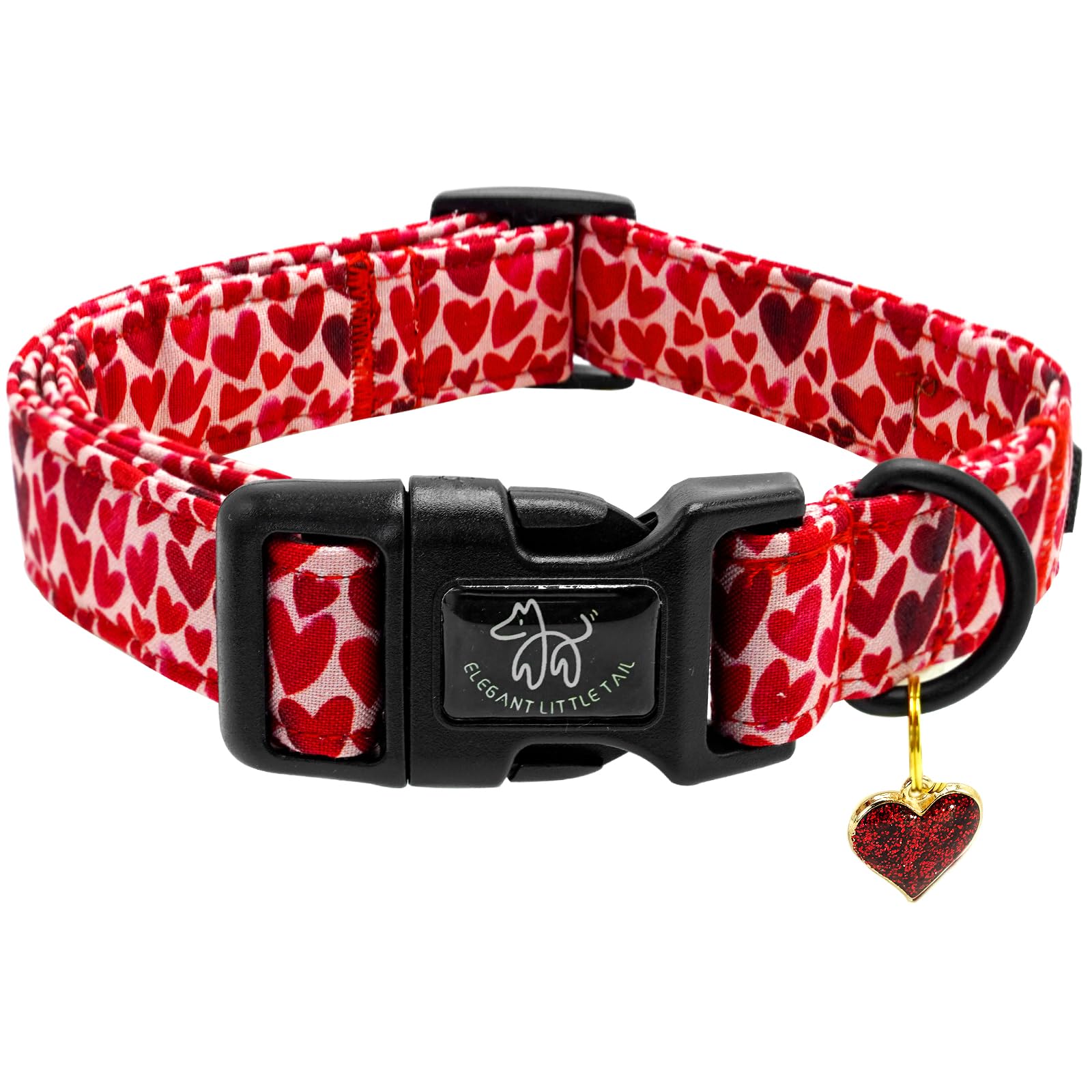 Elegant little tail Valentine's Dog Collar, Red Heart Dog Collars Female or Male Adjustable Cotton Pet Collar with Quick Release Buckle for Small