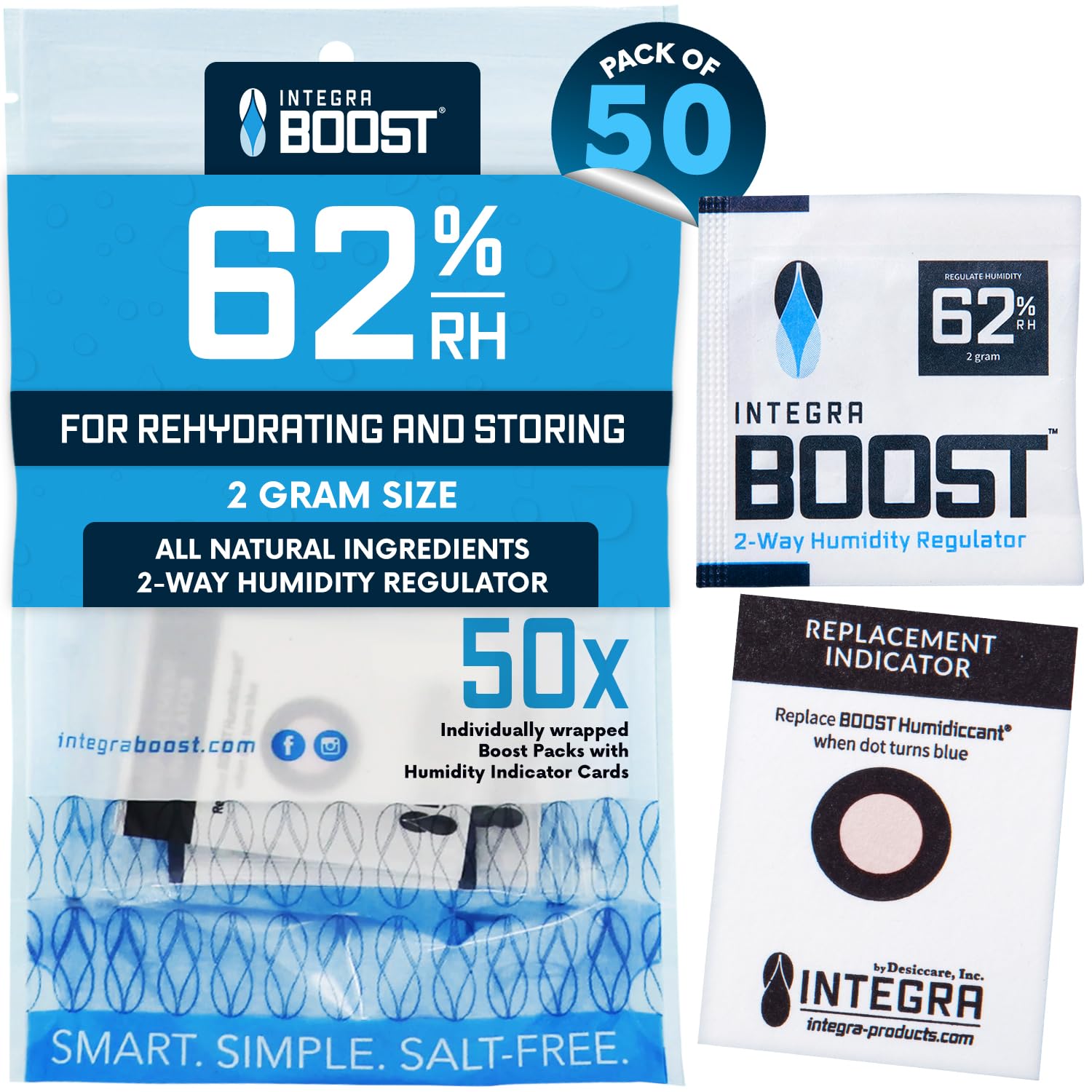 Integra Boost 2-Way Humidity Control Pack – Patented Technology for Humidity Control – Preserve Flavor & Maintain 62% RH – Moisture Absorber for Herbs, Spices & More – 2 Gram (Pack of 50)
