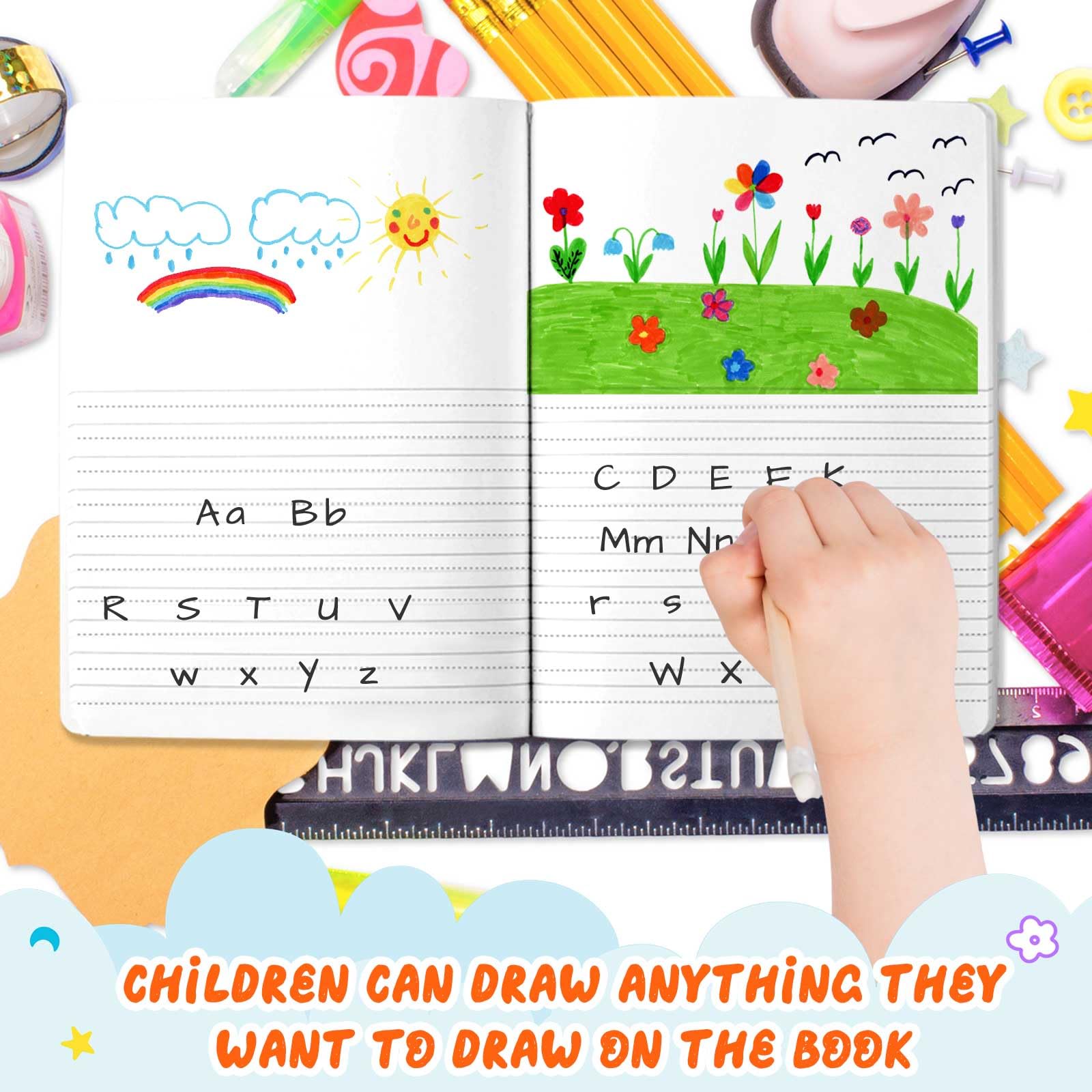 Dunzoom Confezione da 12 quaderni per composizione primaria K-2 con spazio per le immagini, grado pre-K K-2, diario primario, libri di composizione per scrittura a mano, disegno, storia, materiale