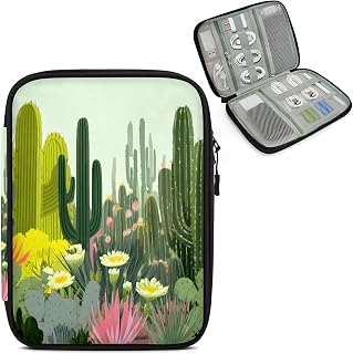 Cactus Travel Electronic Organizer Case, Western Plant Slim Cable Management Bag for Game Console & Accessories, Portable Double Zipper Pouch with Mesh Pockets & Elastic Straps