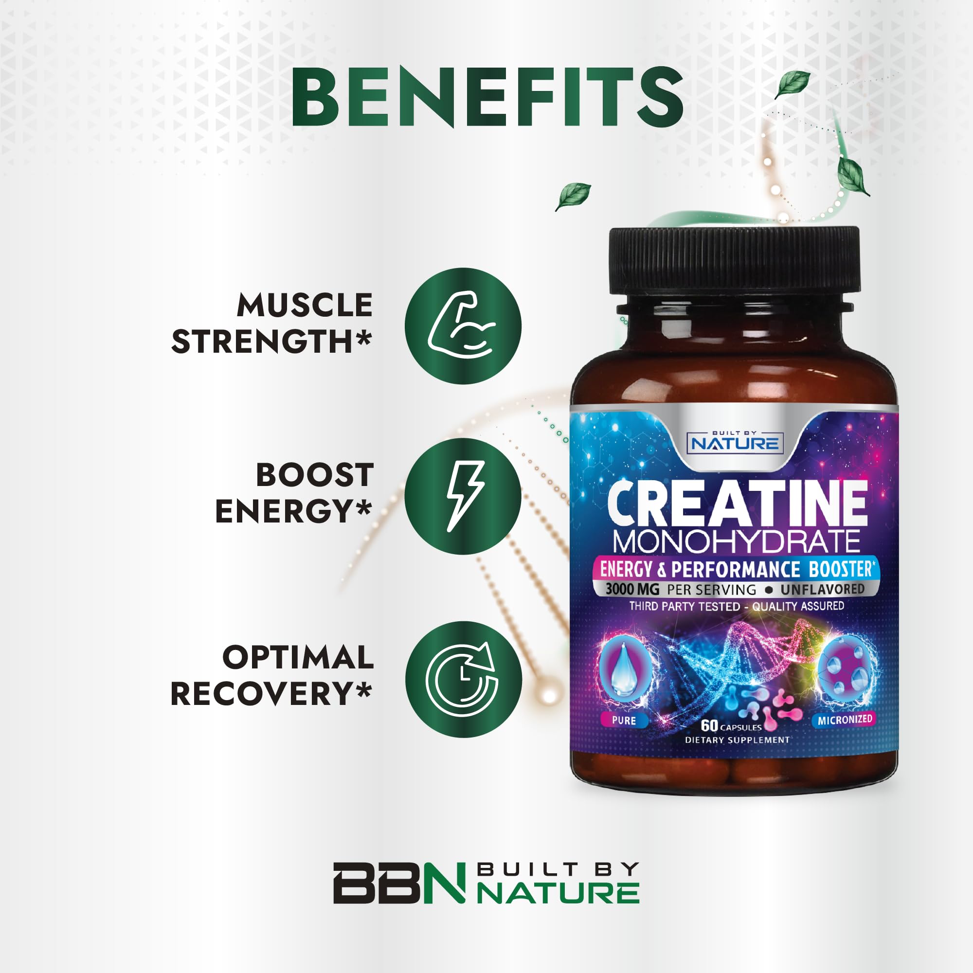 Built by Nature Creatine Monohydrate Pills - Micronized Creatine Supplement for Men & Women - Muscle Strength, Energy, Endurance, and Recovery - Gluten-Free, Vegan, Non-GMO - 60 Capsules — Amazon image 4