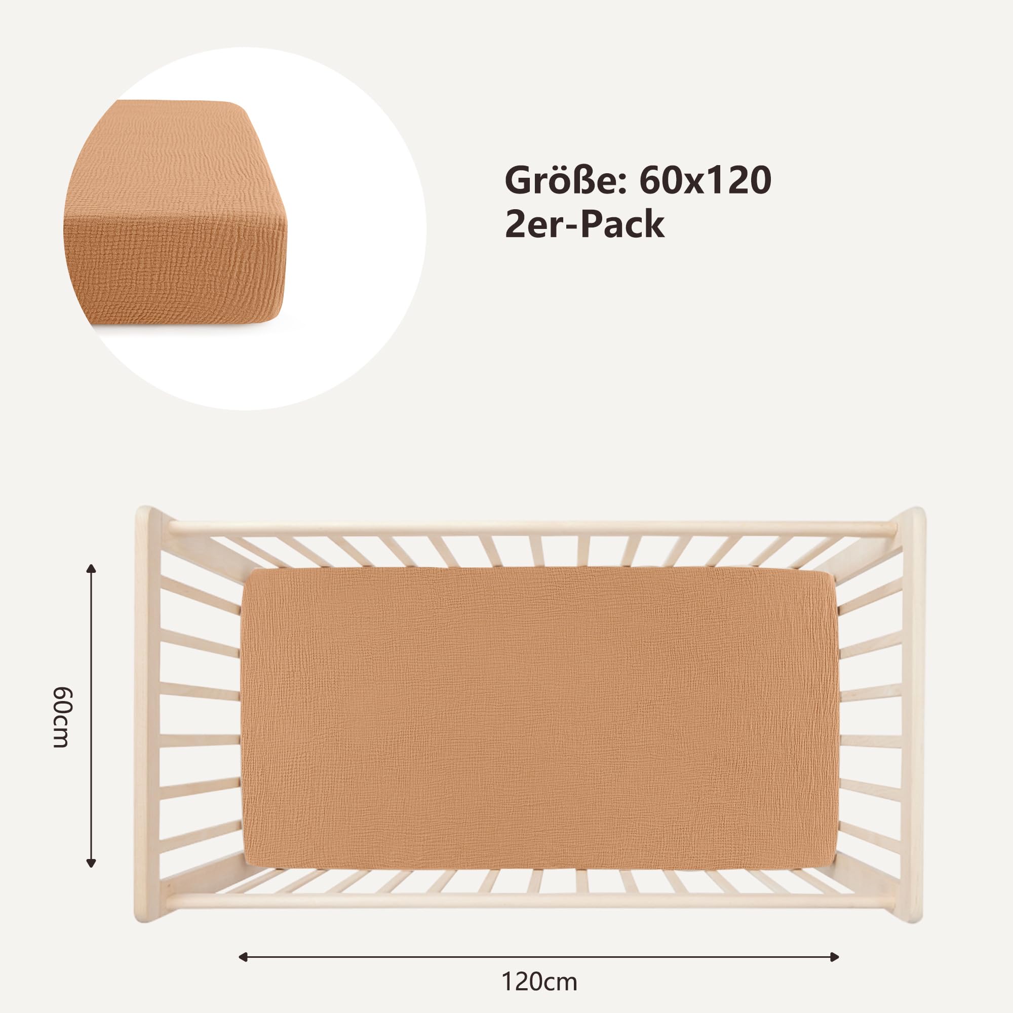Bearmoss Sábana de Muselina, 100% Algodón, para Colchón Estándar de Cuna y Colchón de Cama Infantil, 60 x 120 cm/70 x 140 cm,Sabana Bajera Cuna Ajustables para Cama Auxiliar (Luna Marrón, 60x120)