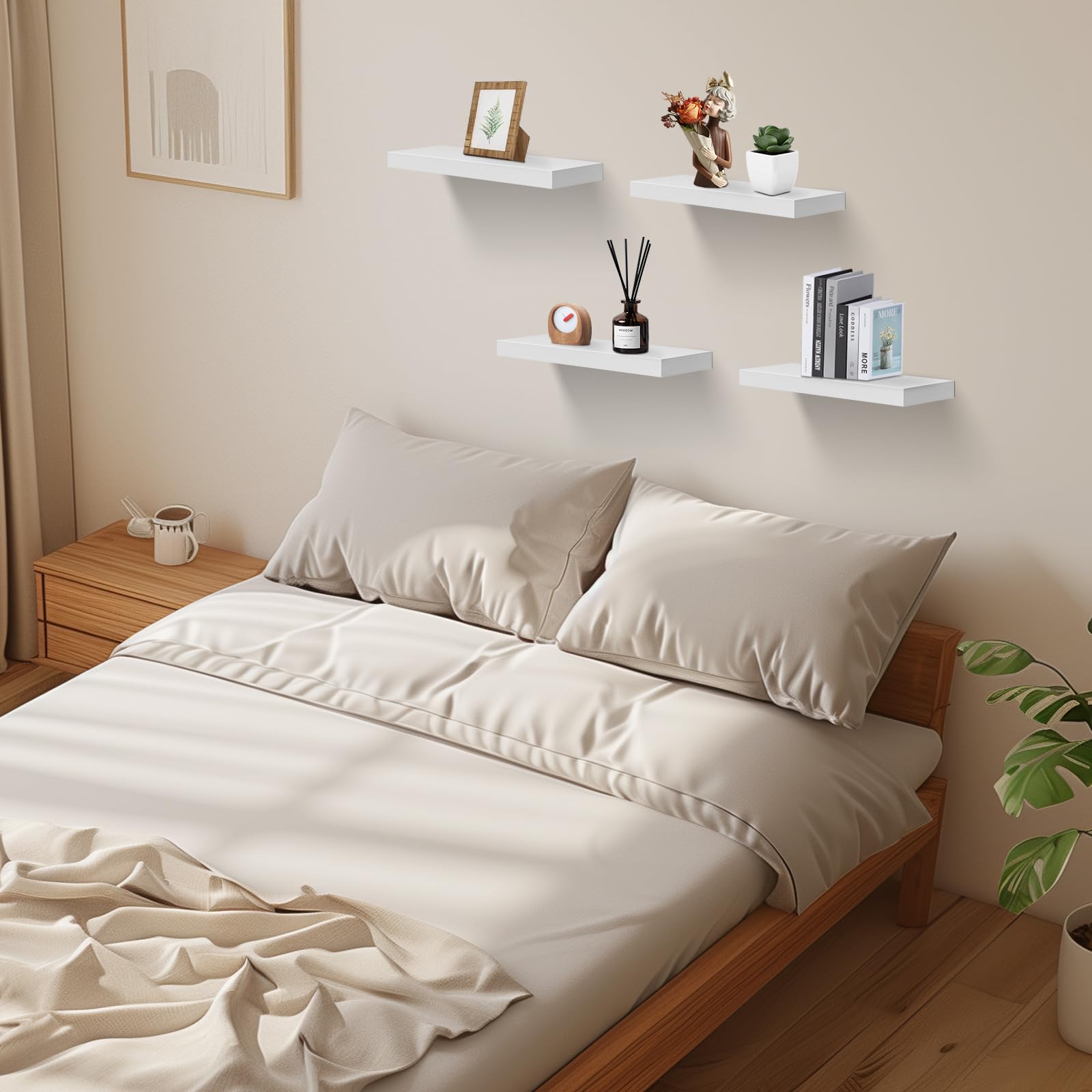 Estantes Flotantes de Pared Juego de 4 - Madera 14x40cm, para Salón, Cocina, Oficina y Decoración Moderna, Blanco