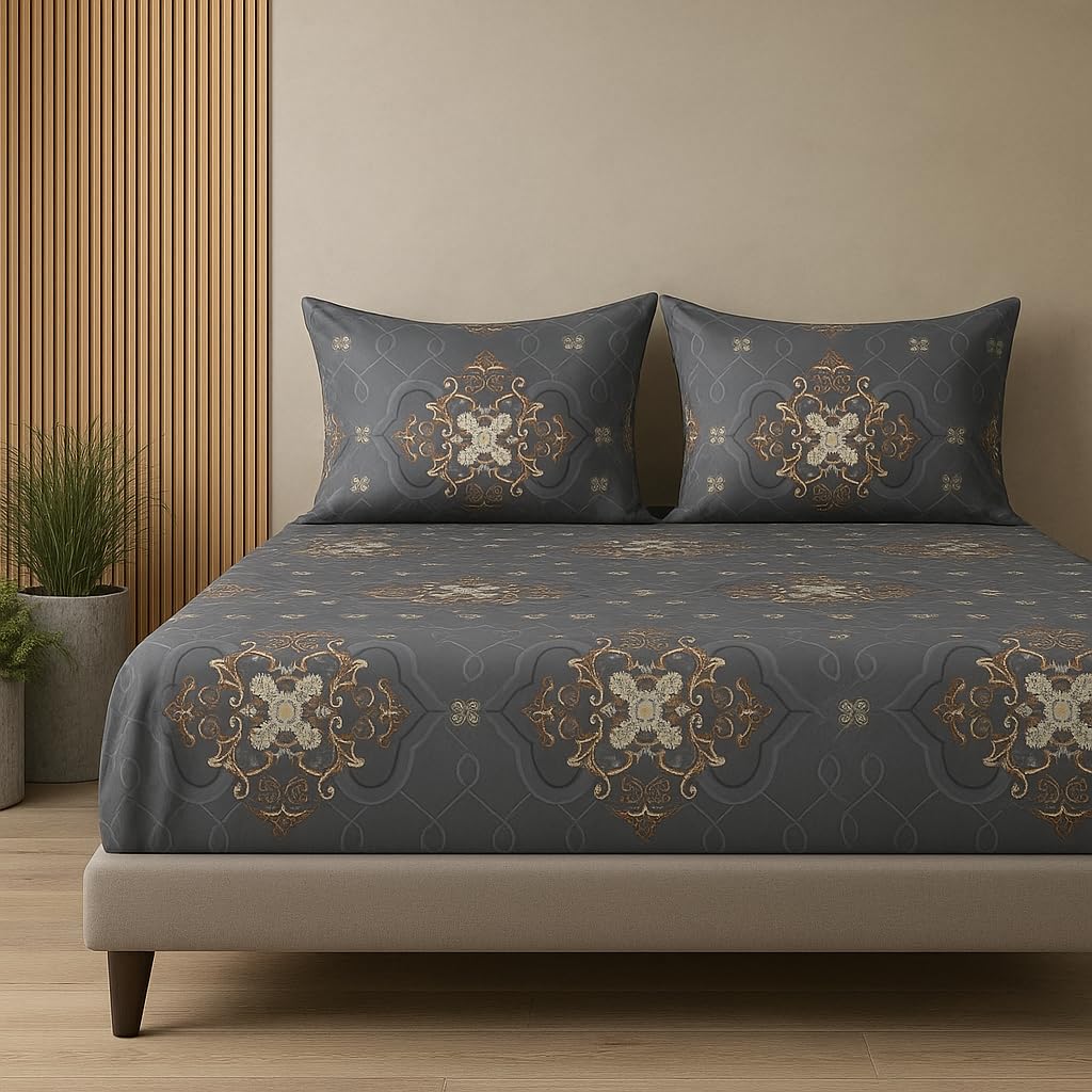 VIVEA RESERVE 400TC Cotton Feel Elastic Fitted Bedsheet Double Bed King Size Set || Includes 1 Elastic Bedsheet King Size with 2 Pillow Covers (78 × 72 Inches, Perth)-image-17